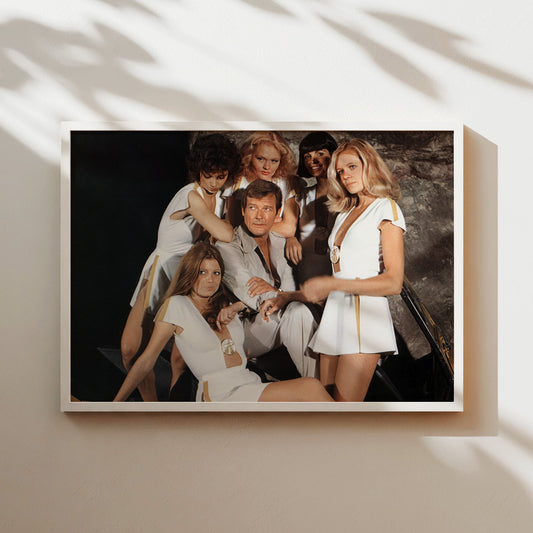 Roger Moore James Bond with Bond Girls Wall Art - Vintage 70s Spy Movie Poster - Glamorous Retro Cinema Decor for Film Buffs and Collectors