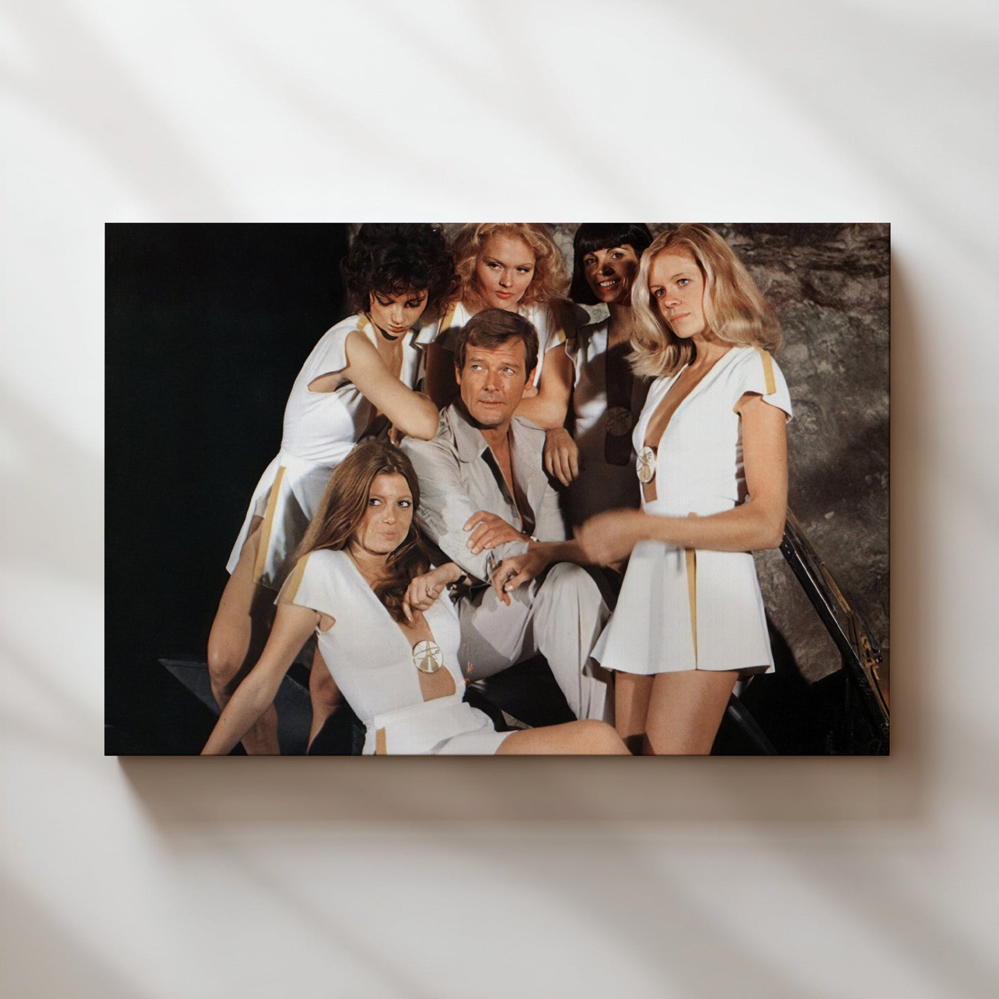 Roger Moore James Bond with Bond Girls Wall Art - Vintage 70s Spy Movie Poster - Glamorous Retro Cinema Decor for Film Buffs and Collectors