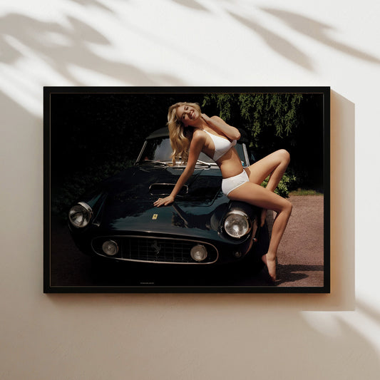 Woman on Vintage Ferrari Wall Art - Glamorous Retro Automotive Poster - Bold Fashion and Car Lover Decor for Stylish Modern Home Interiors