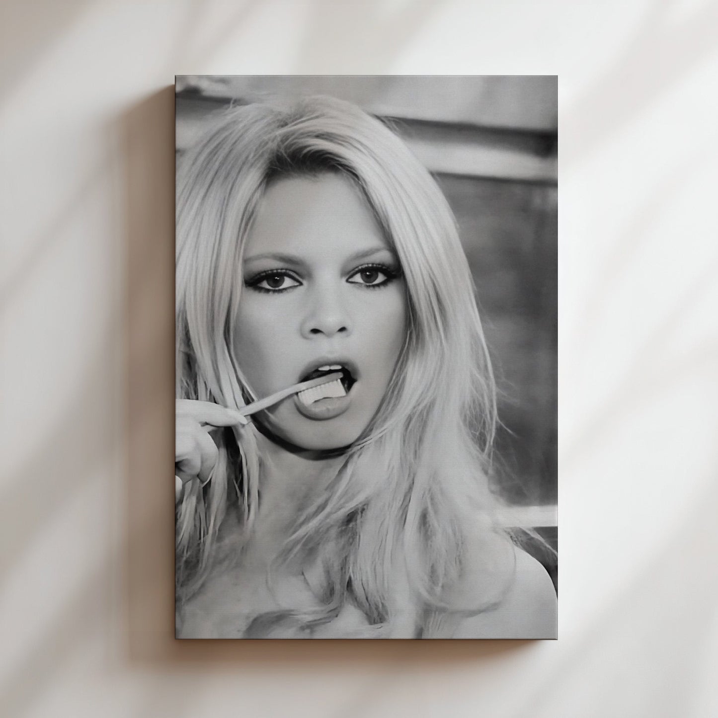 Brigitte Bardot Brushing Teeth Art Print, Vintage French Icon Poster, Retro Bathroom Wall Decor, Canvas or Framed Options