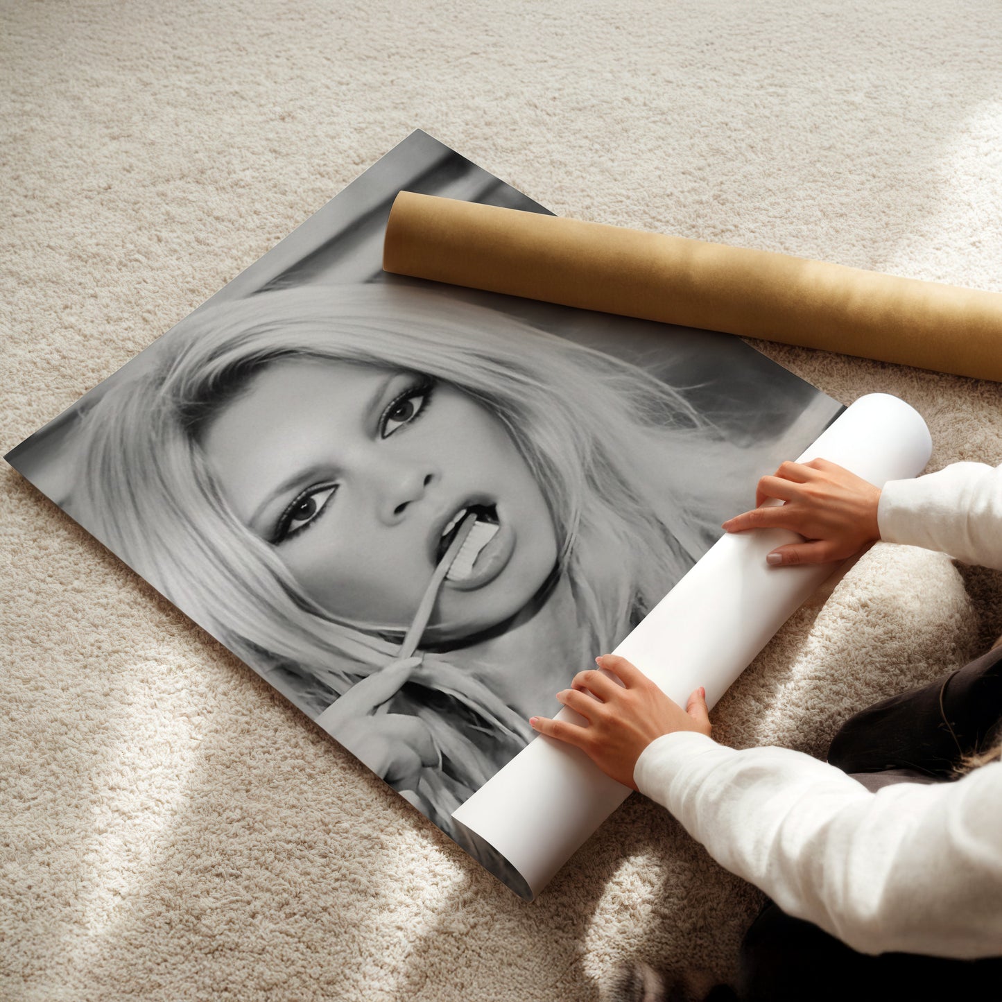 Brigitte Bardot Brushing Teeth Art Print, Vintage French Icon Poster, Retro Bathroom Wall Decor, Canvas or Framed Options