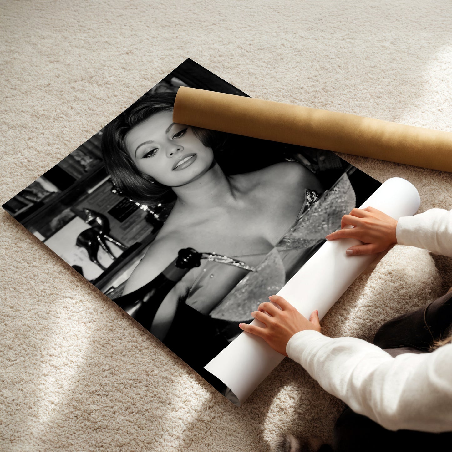 Sophia Loren Pouring Champagne Art Print, Vintage Glam Poster, Retro Bar Wall Decor, Canvas or Framed Print of Iconic Film Star