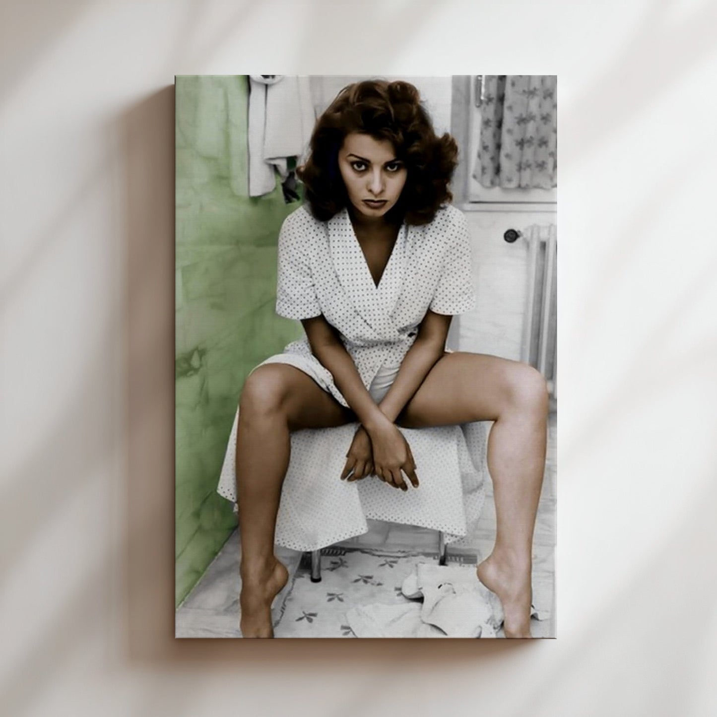 Sophia Loren in Bathroom Wall Art, Retro Hollywood Actress Canvas Poster Print, Glamorous Vintage Film Icon Decor for Home or Studio