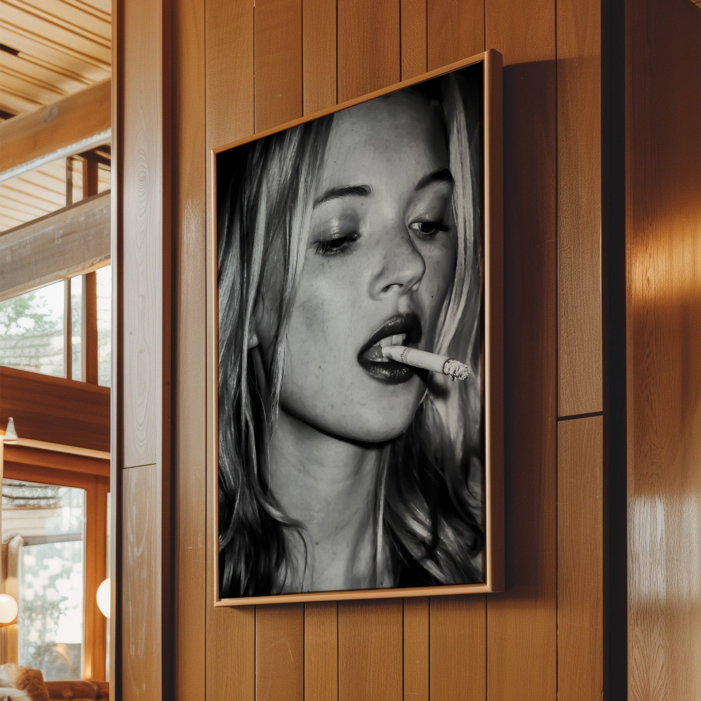Kate Moss Smoking Cigarette Wall Art, Grunge Supermodel Poster Canvas, Edgy 90s Fashion Icon Print for Modern Vintage Room Decor