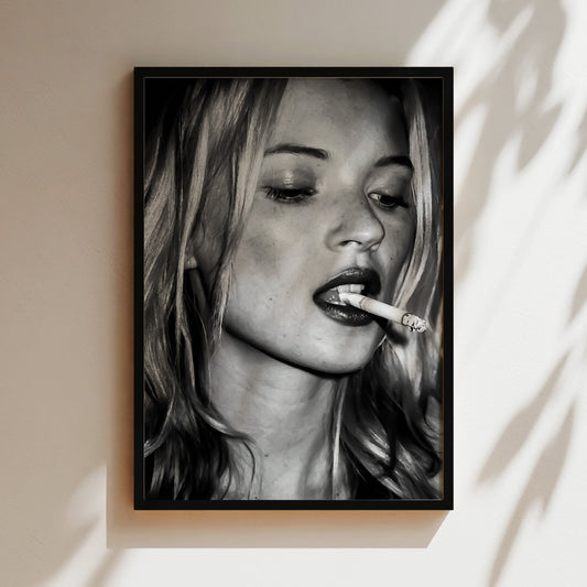 Kate Moss Smoking Cigarette Wall Art, Grunge Supermodel Poster Canvas, Edgy 90s Fashion Icon Print for Modern Vintage Room Decor