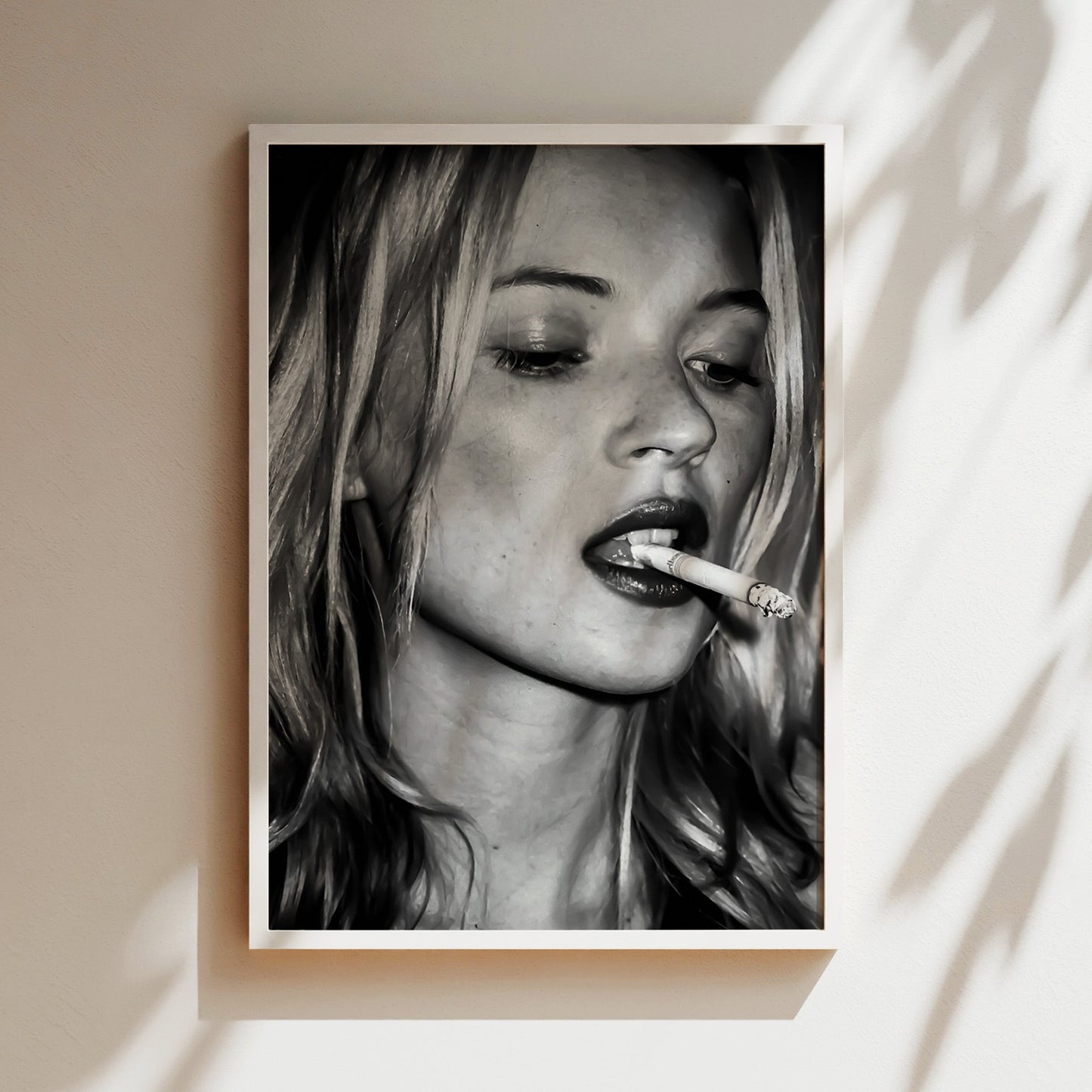 Kate Moss Smoking Cigarette Wall Art, Grunge Supermodel Poster Canvas, Edgy 90s Fashion Icon Print for Modern Vintage Room Decor