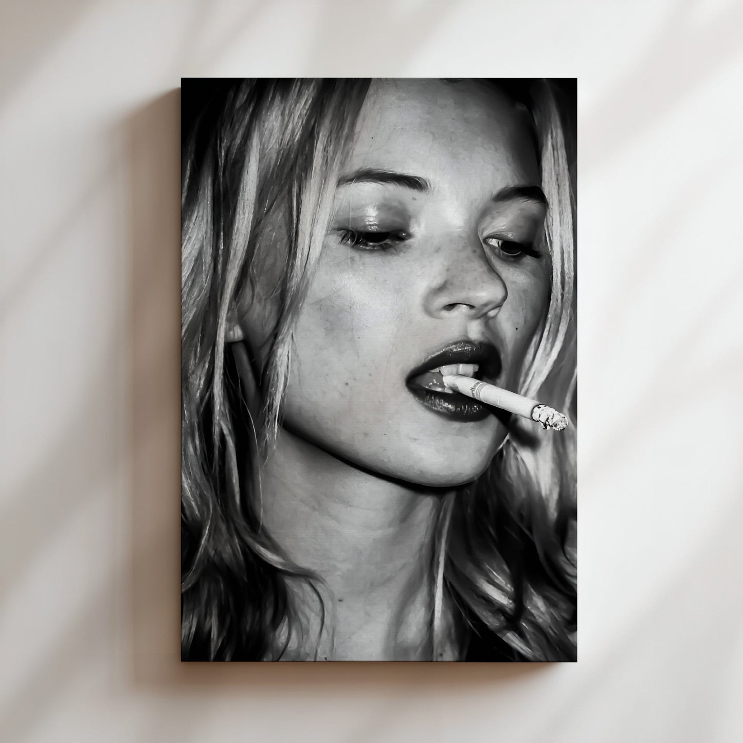Kate Moss Smoking Cigarette Wall Art, Grunge Supermodel Poster Canvas, Edgy 90s Fashion Icon Print for Modern Vintage Room Decor