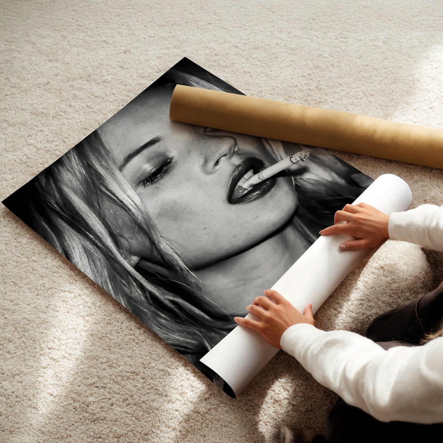 Kate Moss Smoking Cigarette Wall Art, Grunge Supermodel Poster Canvas, Edgy 90s Fashion Icon Print for Modern Vintage Room Decor