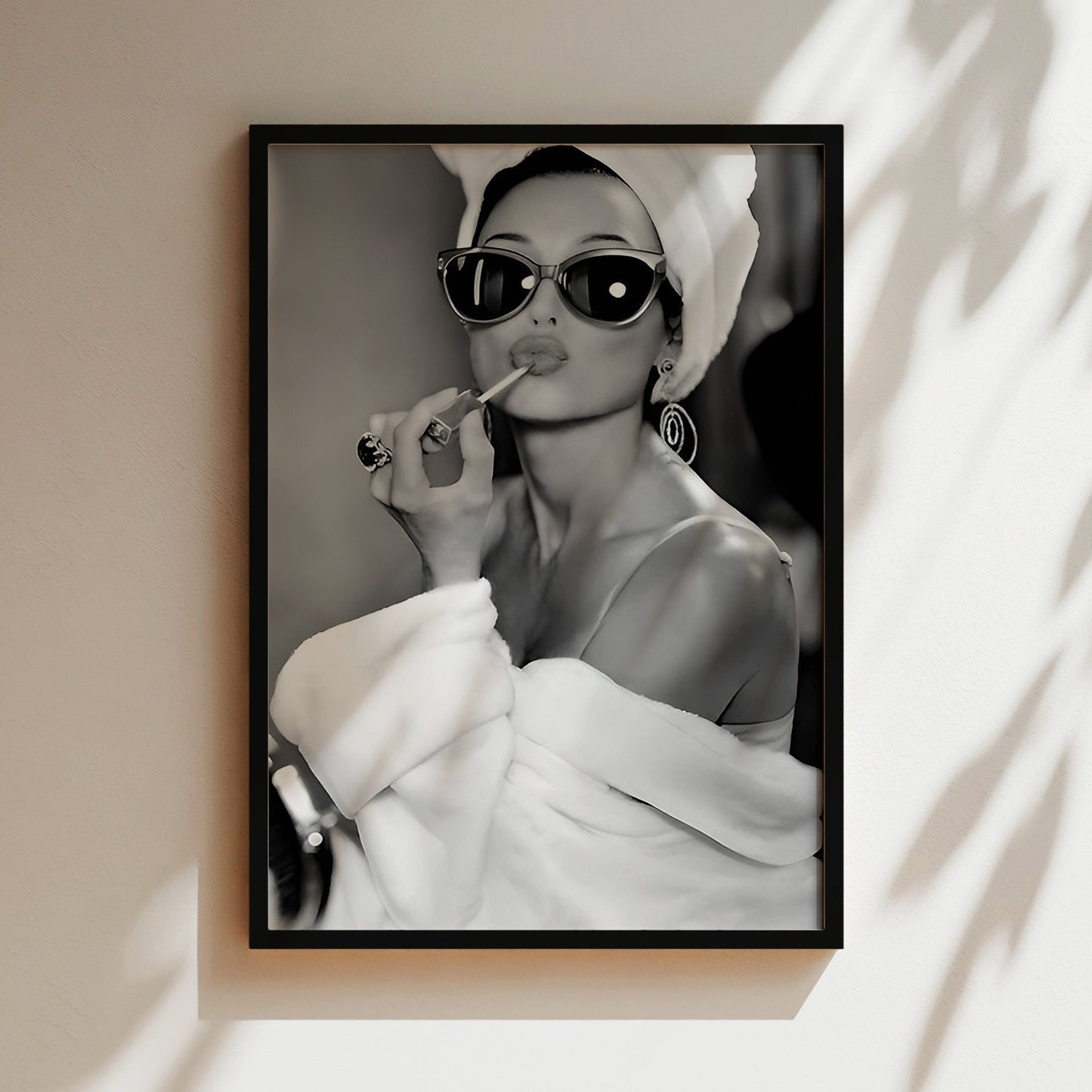 Audrey Hepburn Applying Lipstick Canvas, Classic Hollywood Beauty Wall Art, Feminine Glamour Poster Print for Bedroom or Vanity Decor