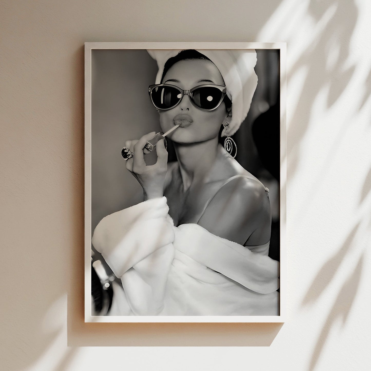 Audrey Hepburn Applying Lipstick Canvas, Classic Hollywood Beauty Wall Art, Feminine Glamour Poster Print for Bedroom or Vanity Decor