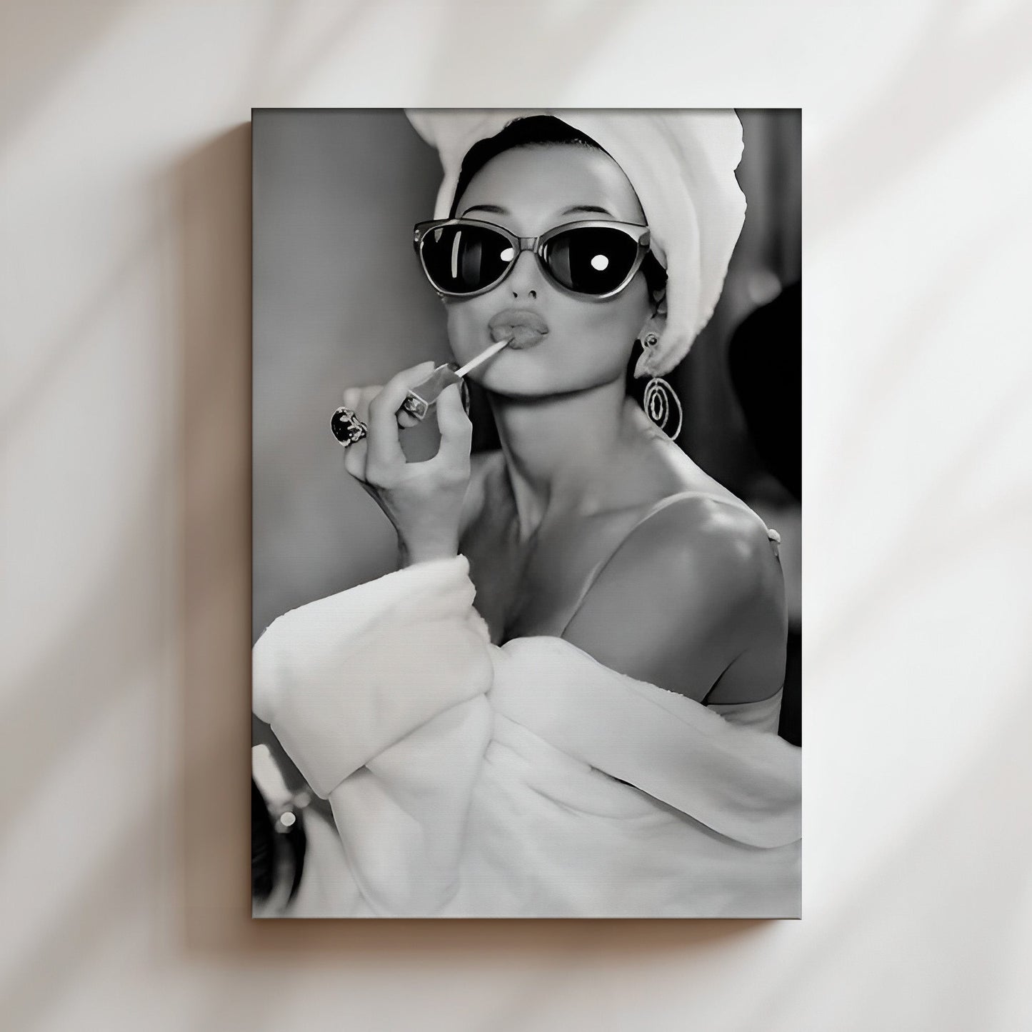 Audrey Hepburn Applying Lipstick Canvas, Classic Hollywood Beauty Wall Art, Feminine Glamour Poster Print for Bedroom or Vanity Decor