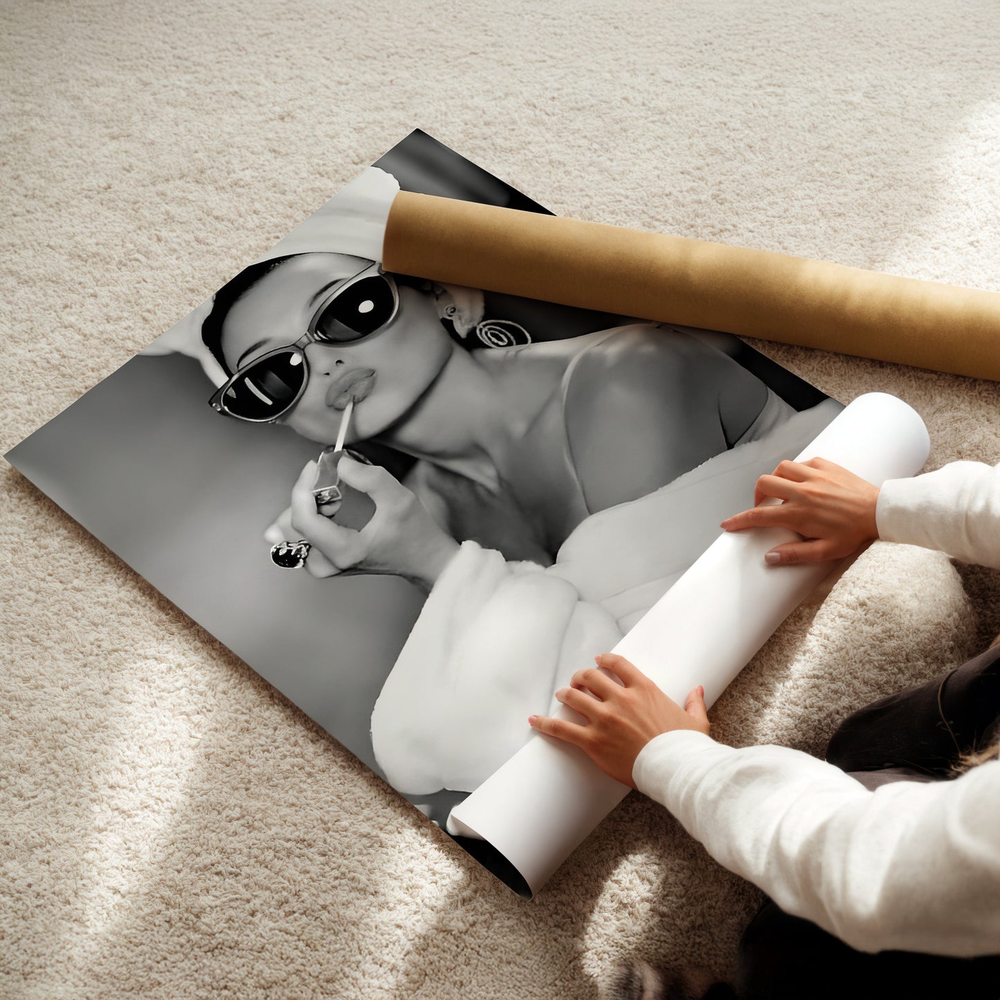 Audrey Hepburn Applying Lipstick Canvas, Classic Hollywood Beauty Wall Art, Feminine Glamour Poster Print for Bedroom or Vanity Decor