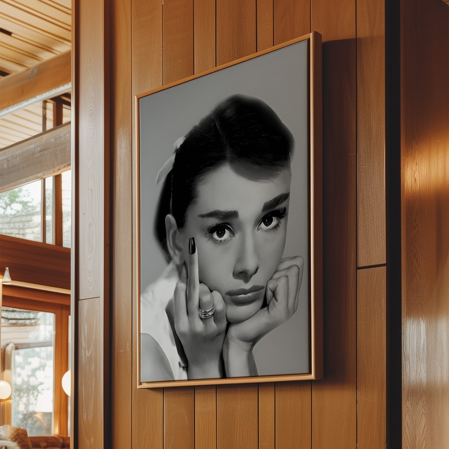 Audrey Hepburn Middle Finger Poster, Bold Retro Canvas Print with Attitude, Iconic Celebrity Wall Art for Edgy Glam Home or Studio