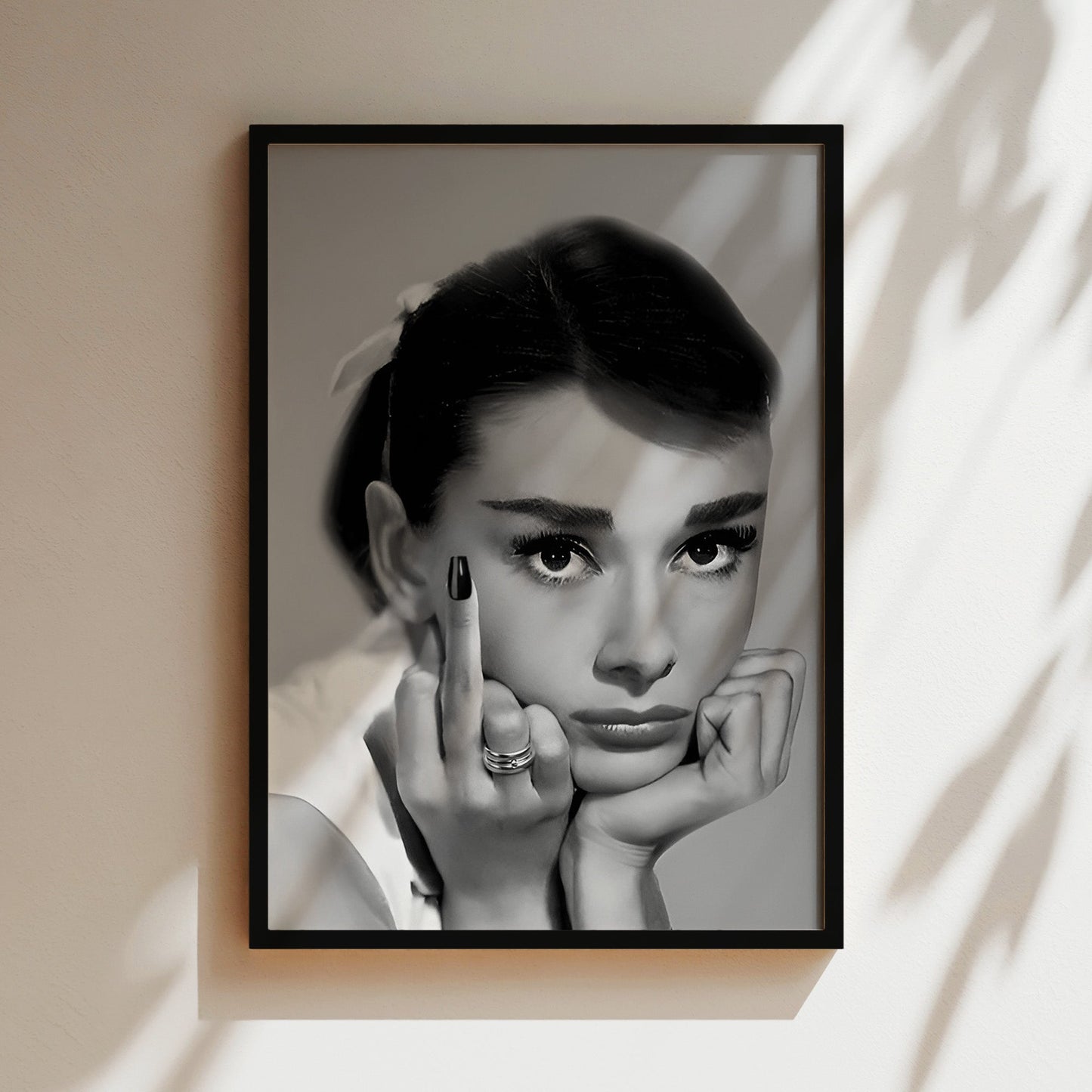 Audrey Hepburn Middle Finger Poster, Bold Retro Canvas Print with Attitude, Iconic Celebrity Wall Art for Edgy Glam Home or Studio