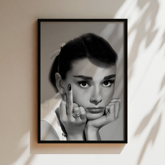 Audrey Hepburn Middle Finger Poster, Bold Retro Canvas Print with Attitude, Iconic Celebrity Wall Art for Edgy Glam Home or Studio