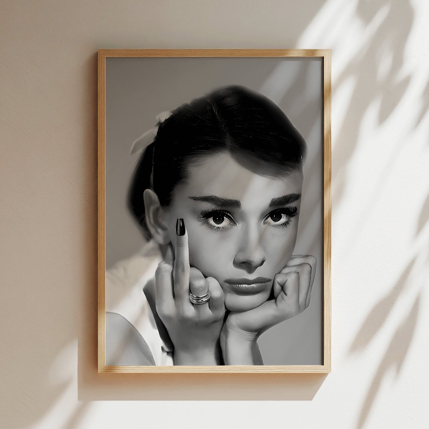 Audrey Hepburn Middle Finger Poster, Bold Retro Canvas Print with Attitude, Iconic Celebrity Wall Art for Edgy Glam Home or Studio
