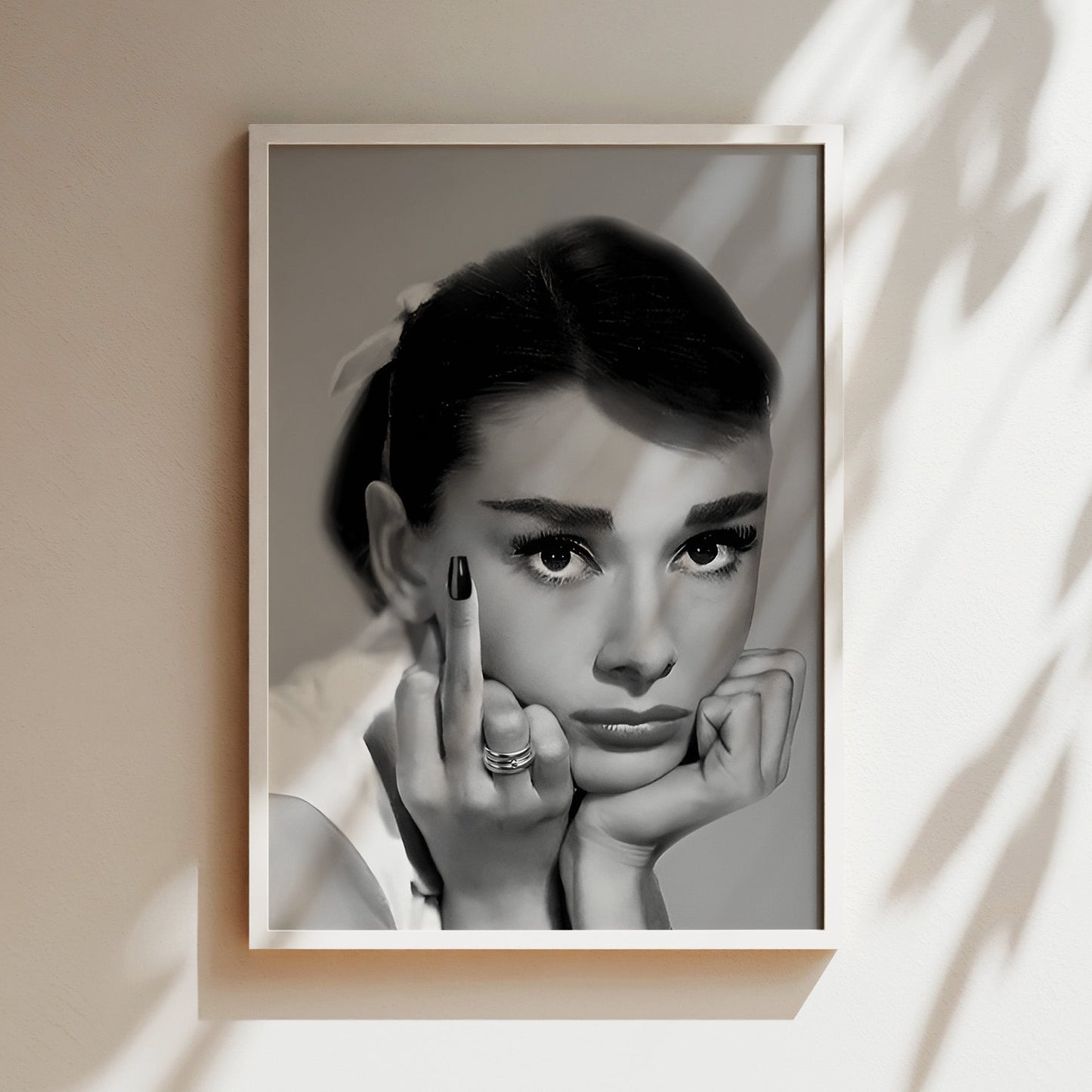 Audrey Hepburn Middle Finger Poster, Bold Retro Canvas Print with Attitude, Iconic Celebrity Wall Art for Edgy Glam Home or Studio