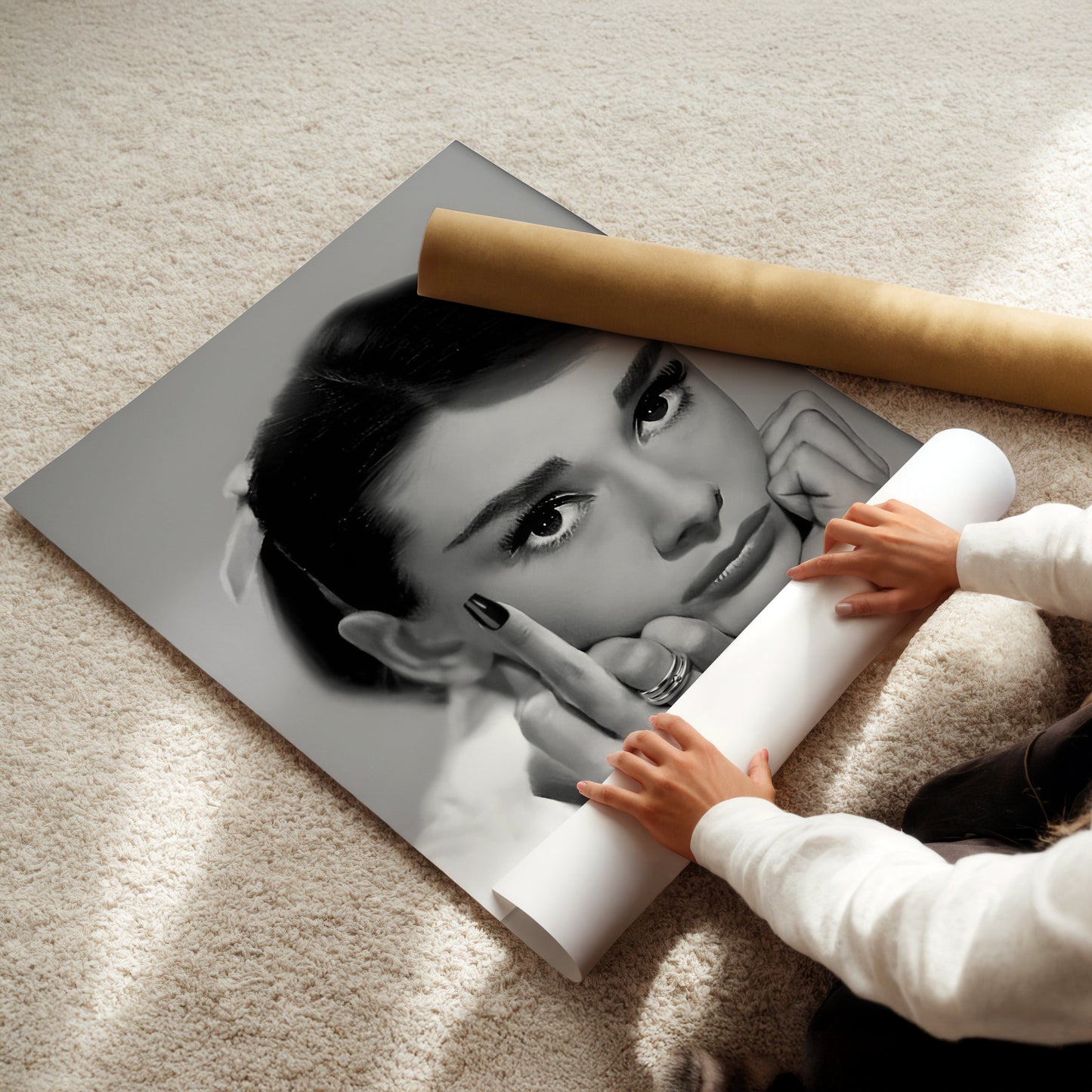 Audrey Hepburn Middle Finger Poster, Bold Retro Canvas Print with Attitude, Iconic Celebrity Wall Art for Edgy Glam Home or Studio