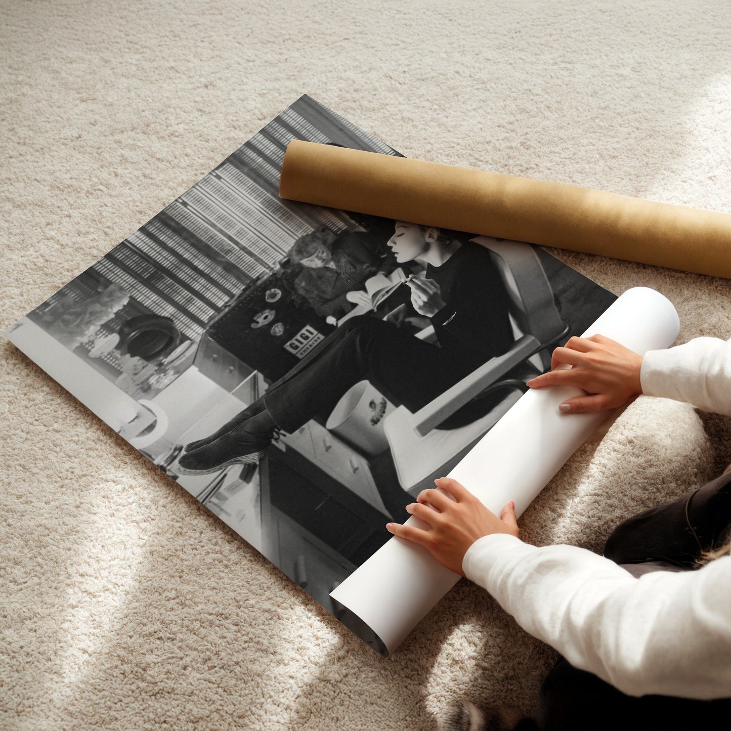 Audrey Hepburn in the Studio Canvas Print, Vintage Celebrity Wall Art Poster, Classic Film Icon Behind-the-Scenes Retro Home Decor