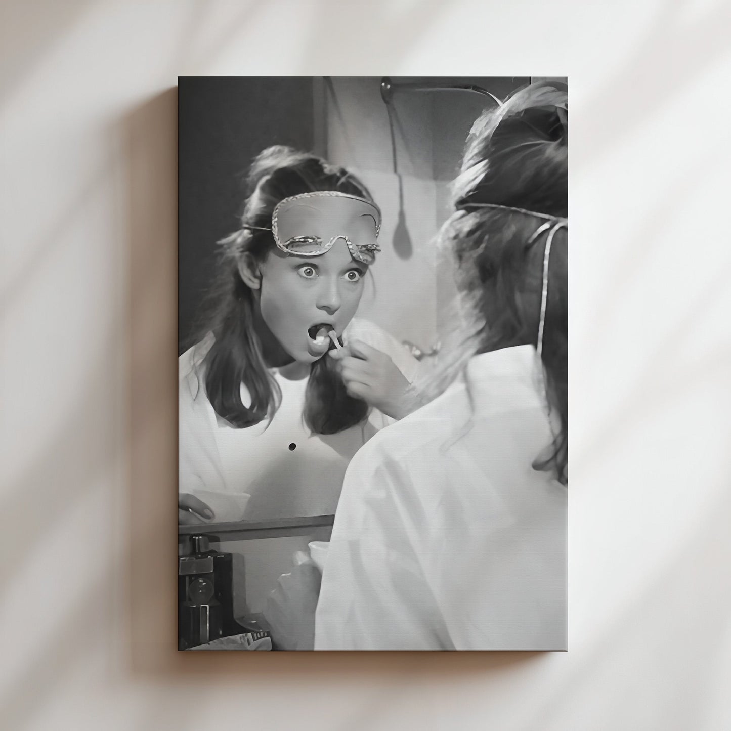Audrey Hepburn Brushing Teeth Wall Art, Classic Hollywood Icon Canvas Print, Vintage Bathroom Art for Glamorous Morning Routine Decor