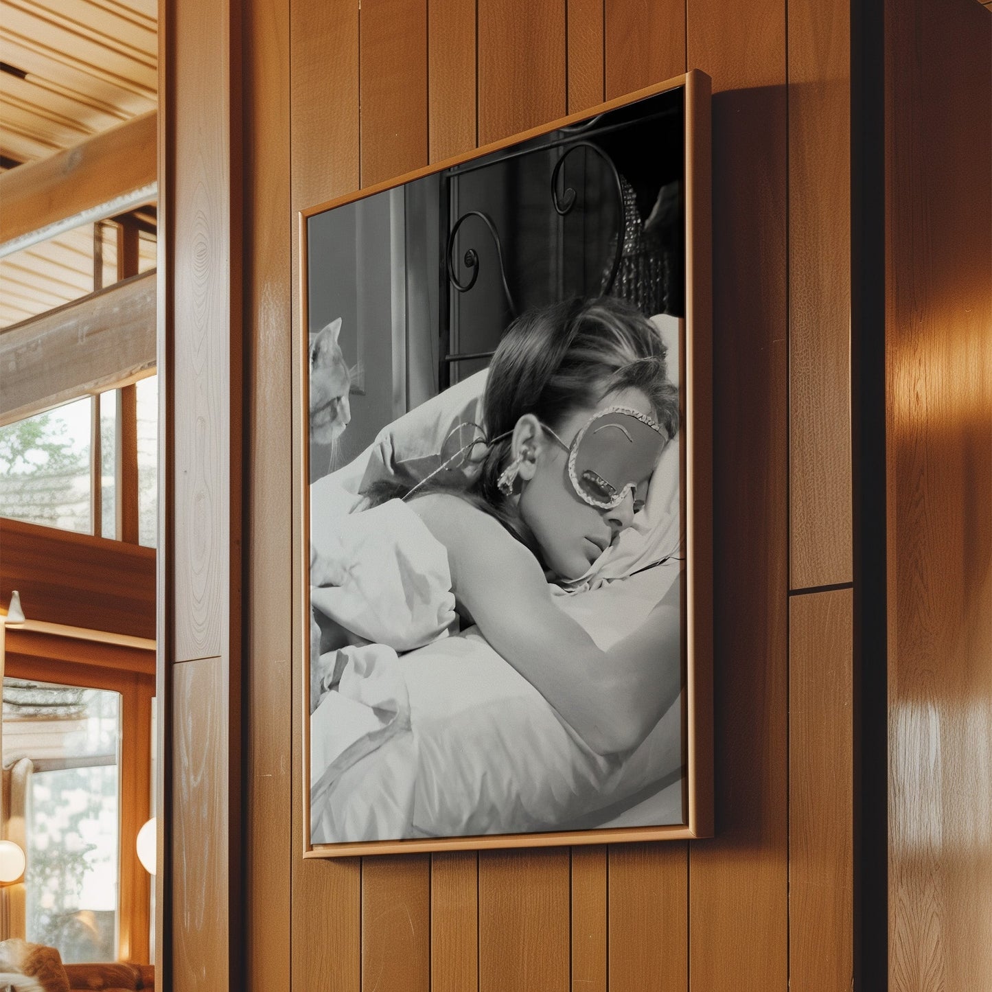 Audrey Hepburn Sleeping with Cat Canvas Print, Classic Hollywood Wall Art, Black & White Vintage Celebrity Poster for Cozy Bedroom Decor