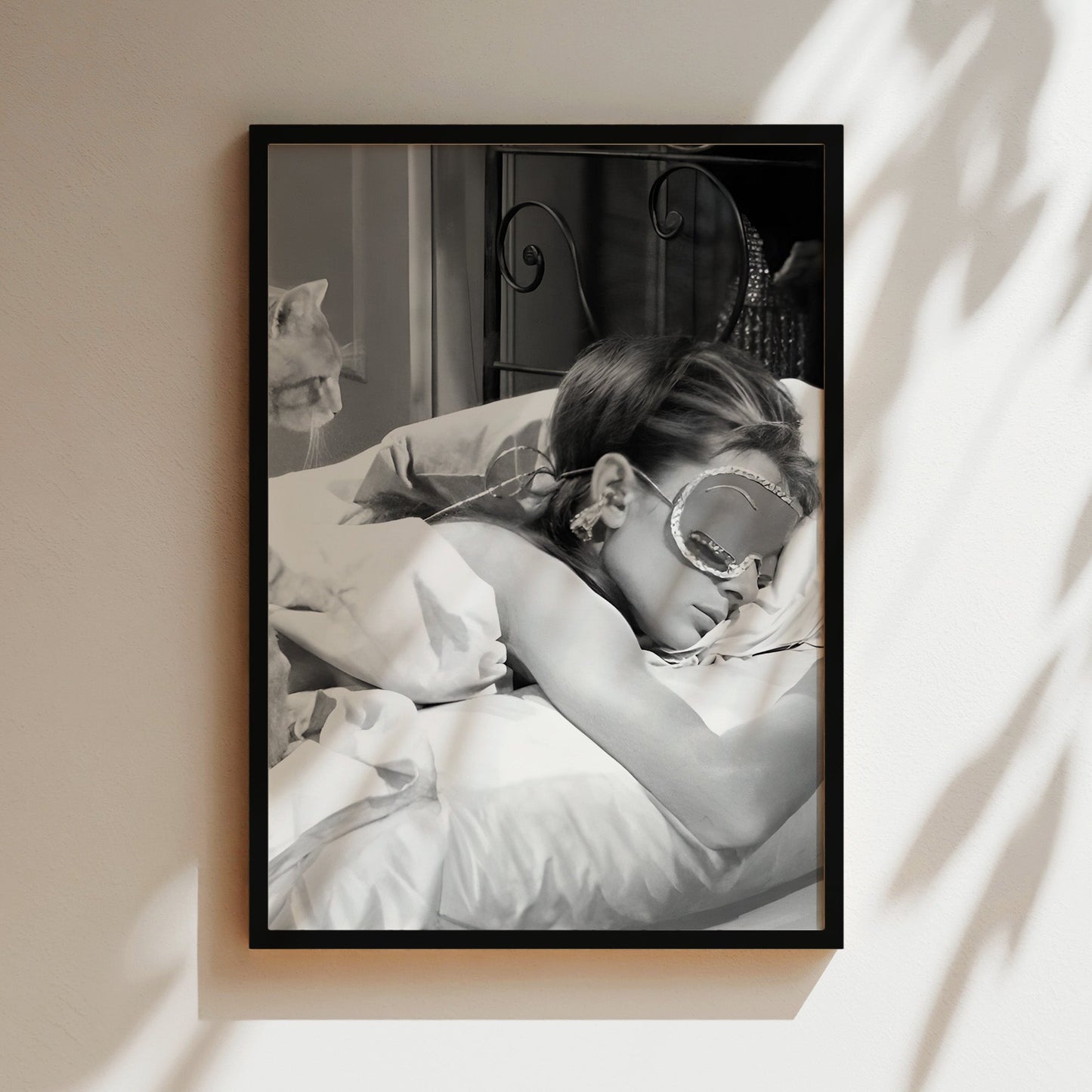 Audrey Hepburn Sleeping with Cat Canvas Print, Classic Hollywood Wall Art, Black & White Vintage Celebrity Poster for Cozy Bedroom Decor