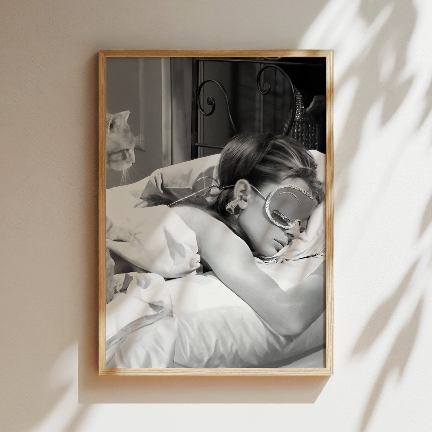 Audrey Hepburn Sleeping with Cat Canvas Print, Classic Hollywood Wall Art, Black & White Vintage Celebrity Poster for Cozy Bedroom Decor