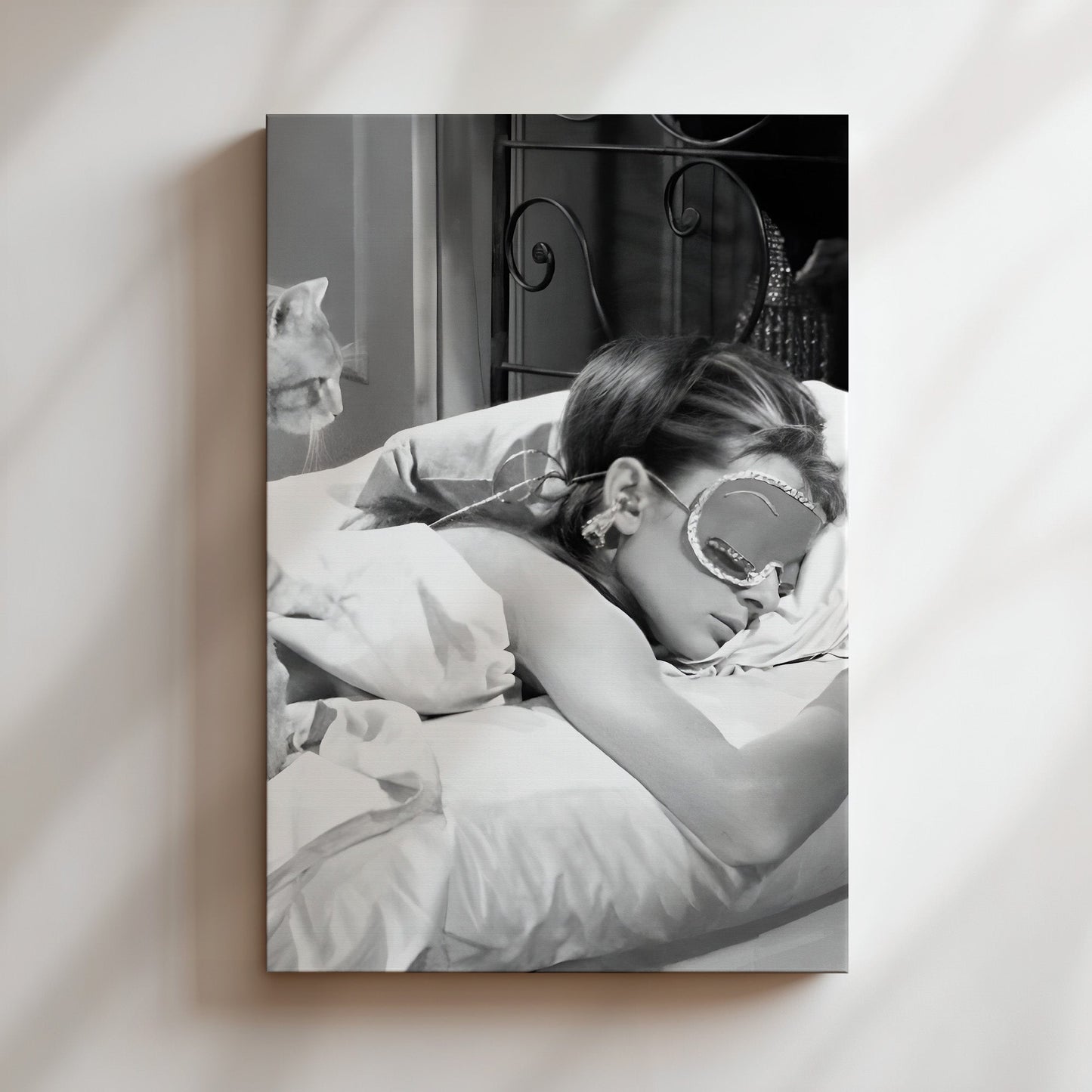 Audrey Hepburn Sleeping with Cat Canvas Print, Classic Hollywood Wall Art, Black & White Vintage Celebrity Poster for Cozy Bedroom Decor