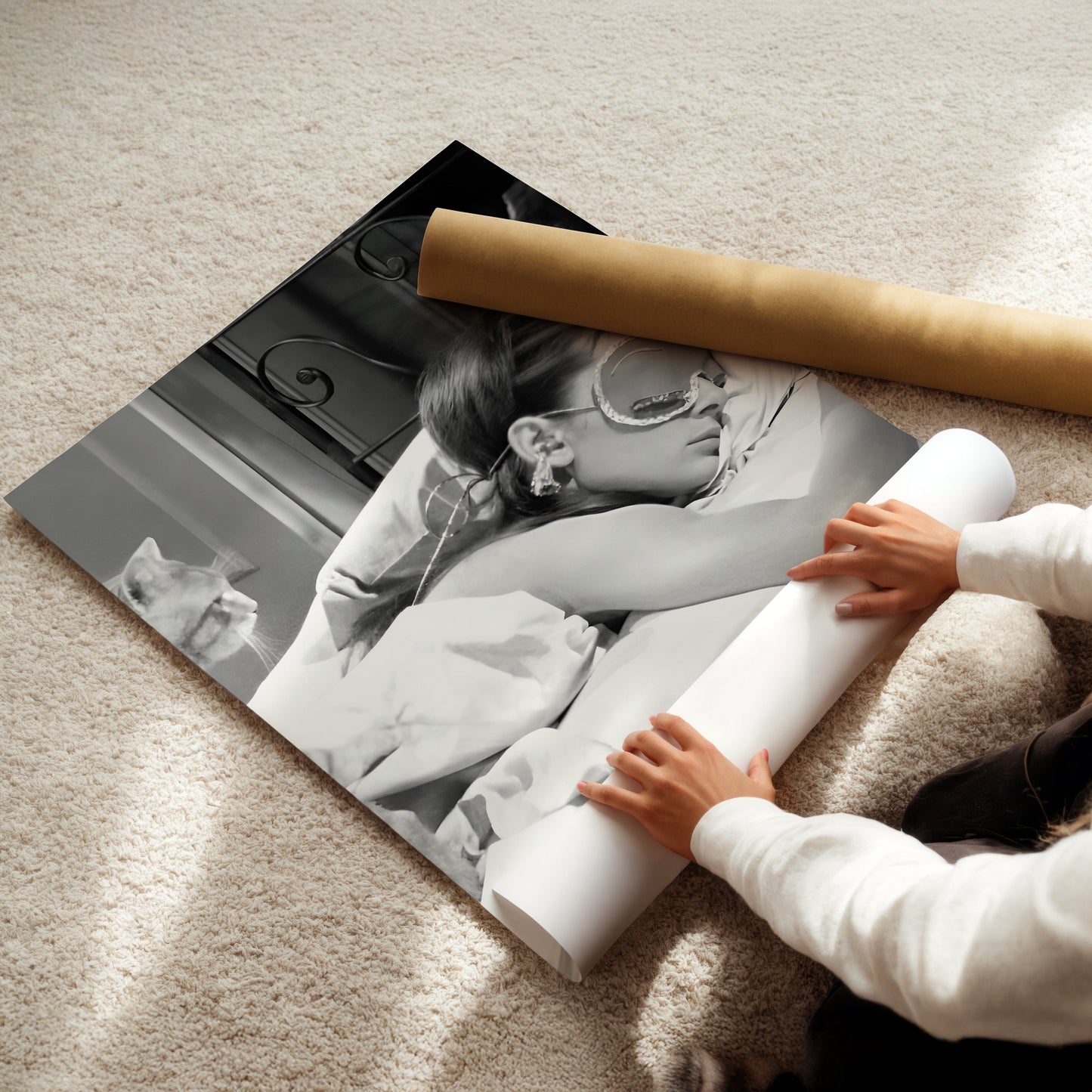 Audrey Hepburn Sleeping with Cat Canvas Print, Classic Hollywood Wall Art, Black & White Vintage Celebrity Poster for Cozy Bedroom Decor