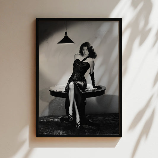 Ava Gardner Posing on Table Wall Art, Vintage Hollywood Glam Canvas Print, Classic Film Star Poster for Elegant Home Decor