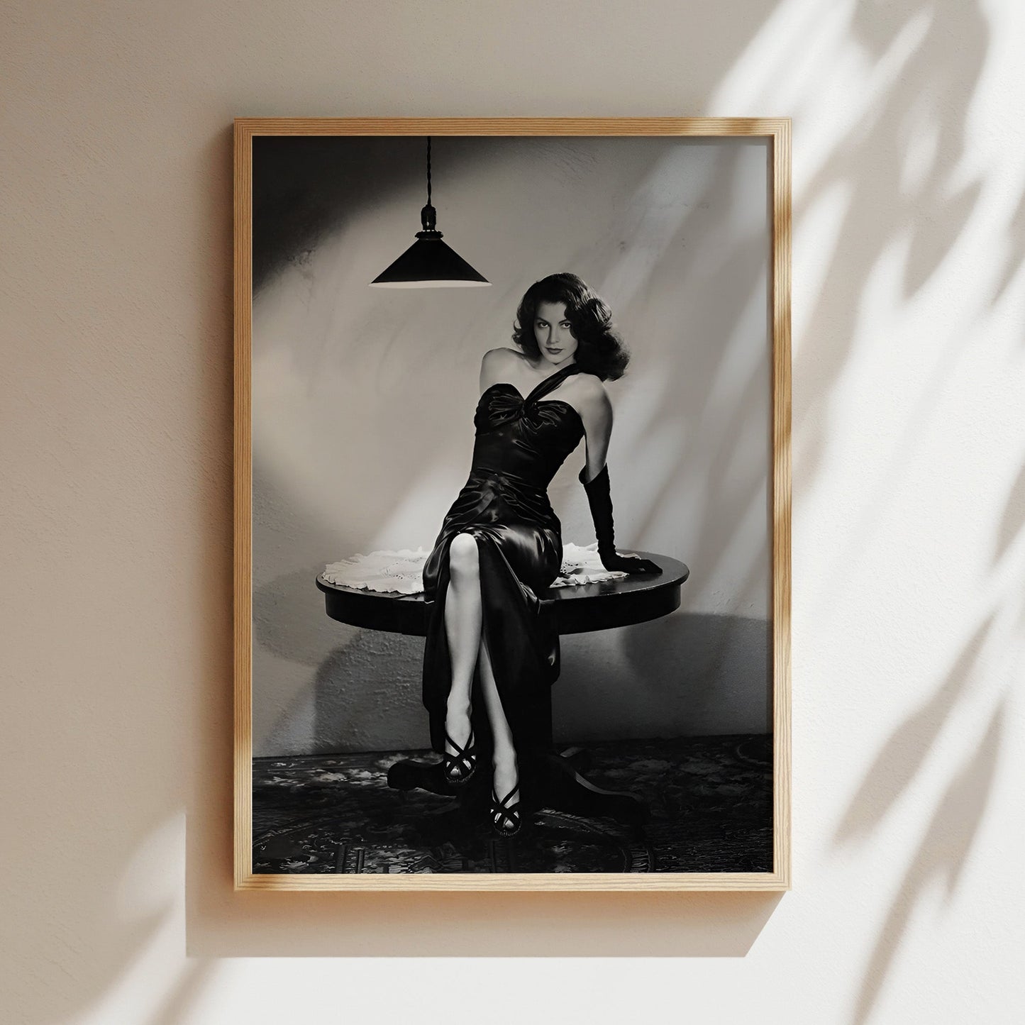 Ava Gardner Posing on Table Wall Art, Vintage Hollywood Glam Canvas Print, Classic Film Star Poster for Elegant Home Decor