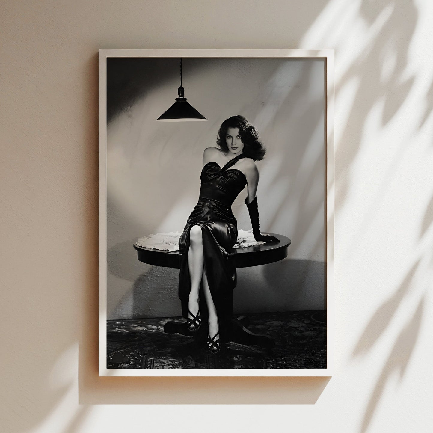 Ava Gardner Posing on Table Wall Art, Vintage Hollywood Glam Canvas Print, Classic Film Star Poster for Elegant Home Decor