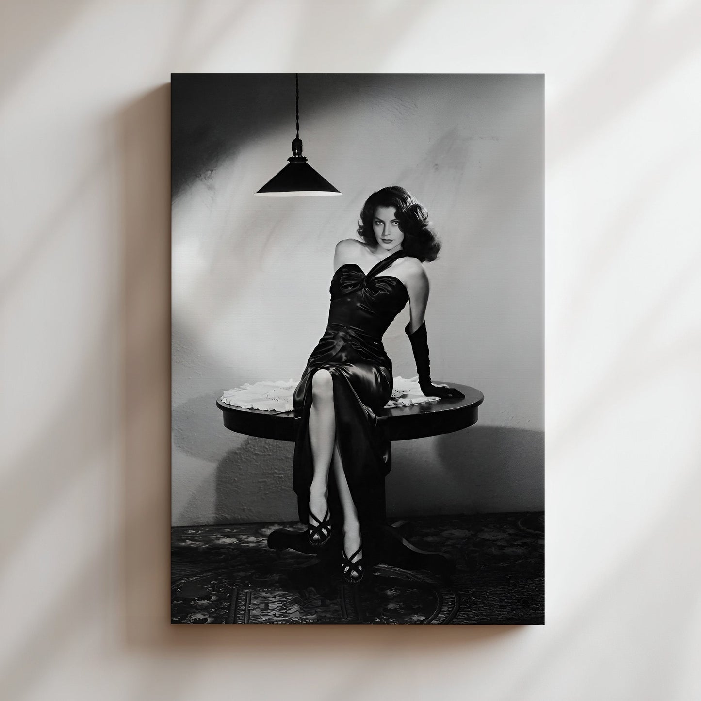 Ava Gardner Posing on Table Wall Art, Vintage Hollywood Glam Canvas Print, Classic Film Star Poster for Elegant Home Decor