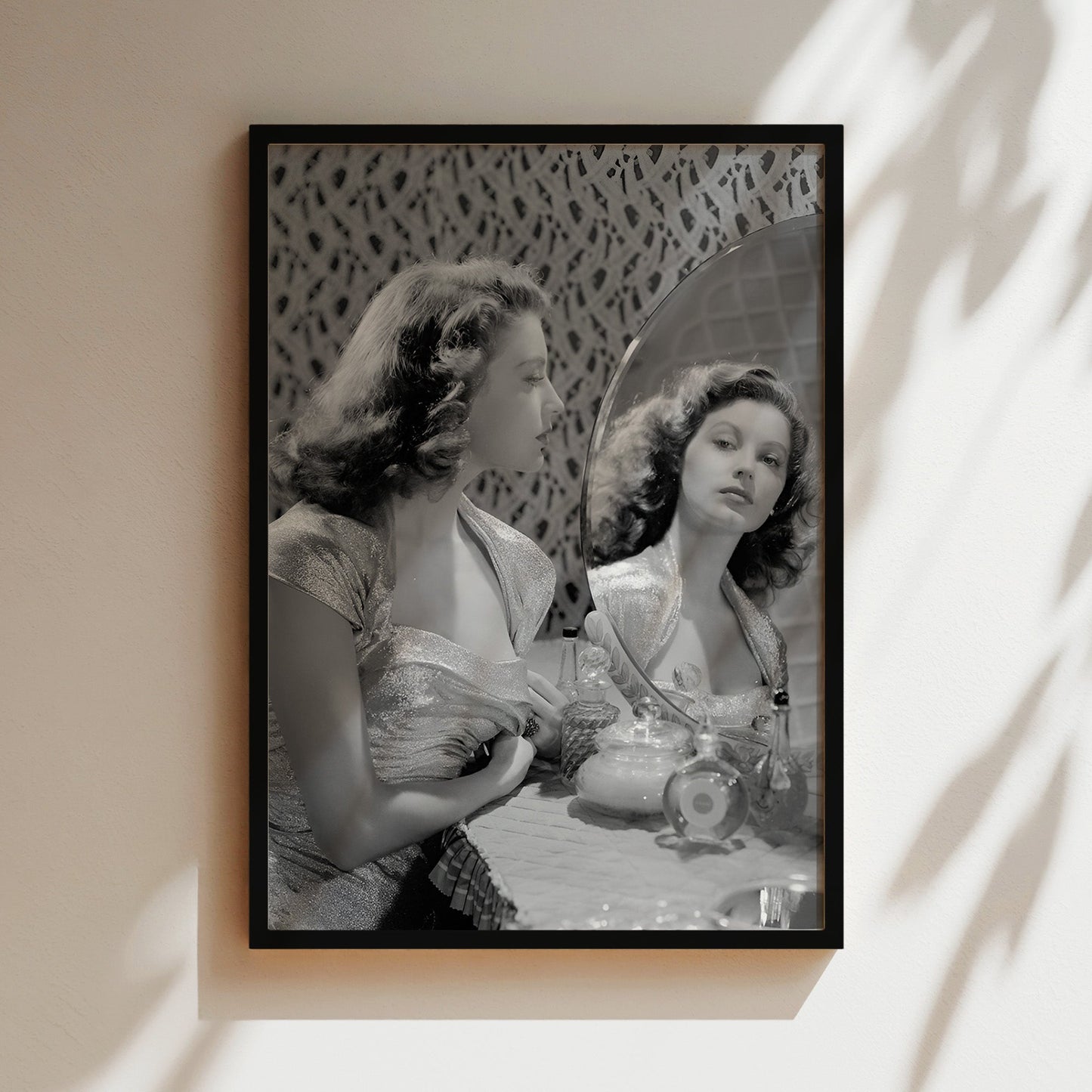 Ava Gardner Posing in Mirror Canvas Print, Retro Hollywood Glam Wall Art, Classic Actress Portrait Poster for Elegant Home Decor