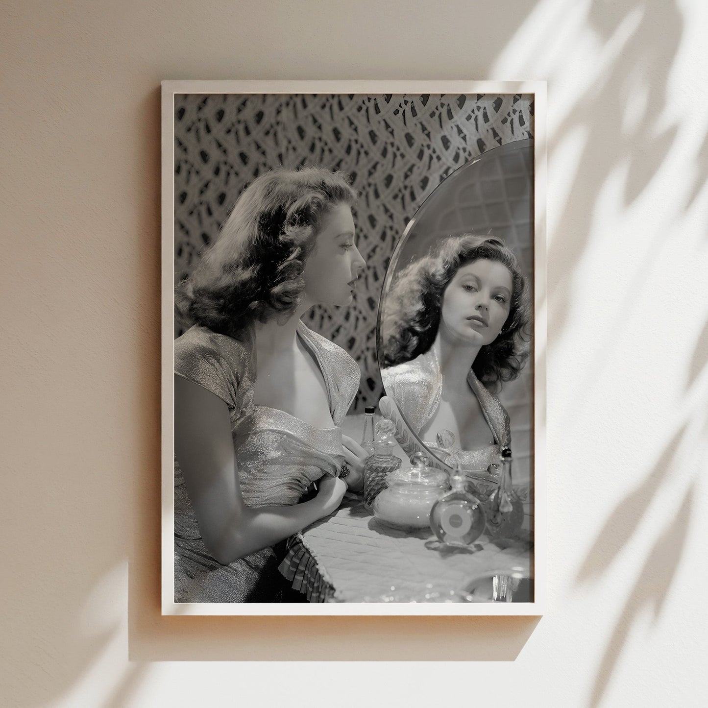 Ava Gardner Posing in Mirror Canvas Print, Retro Hollywood Glam Wall Art, Classic Actress Portrait Poster for Elegant Home Decor