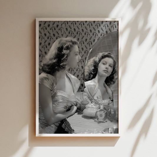 Ava Gardner Posing in Mirror Canvas Print, Retro Hollywood Glam Wall Art, Classic Actress Portrait Poster for Elegant Home Decor