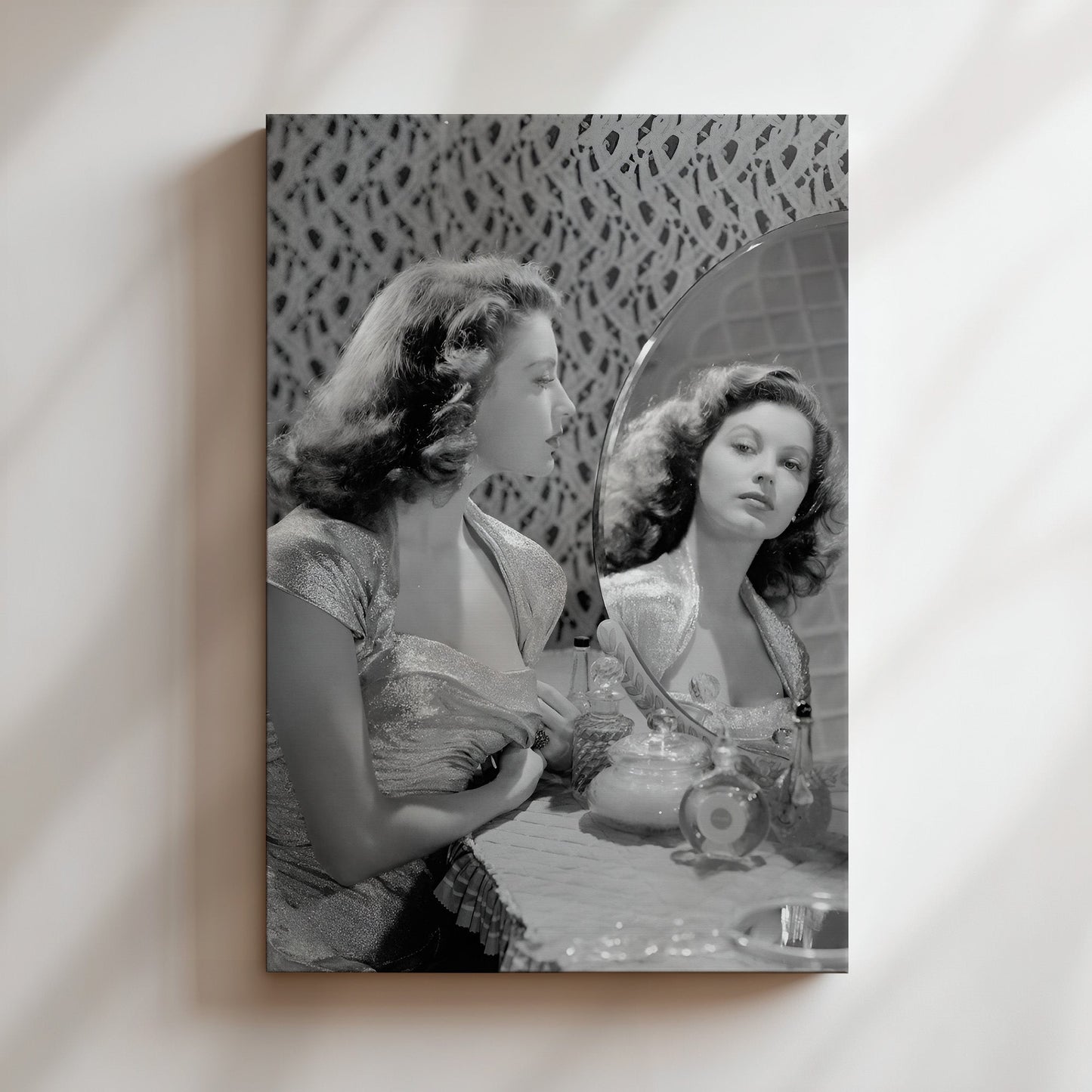 Ava Gardner Posing in Mirror Canvas Print, Retro Hollywood Glam Wall Art, Classic Actress Portrait Poster for Elegant Home Decor