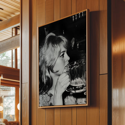 Brigette Bardot with Beer Canvas Print, Vintage French Icon Wall Art, Retro Celebrity Poster for Glamorous Bar or Living Room Decor
