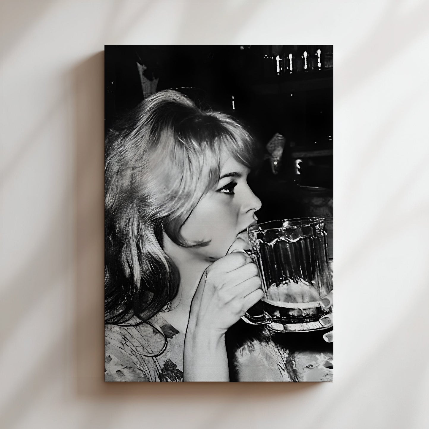 Brigette Bardot with Beer Canvas Print, Vintage French Icon Wall Art, Retro Celebrity Poster for Glamorous Bar or Living Room Decor