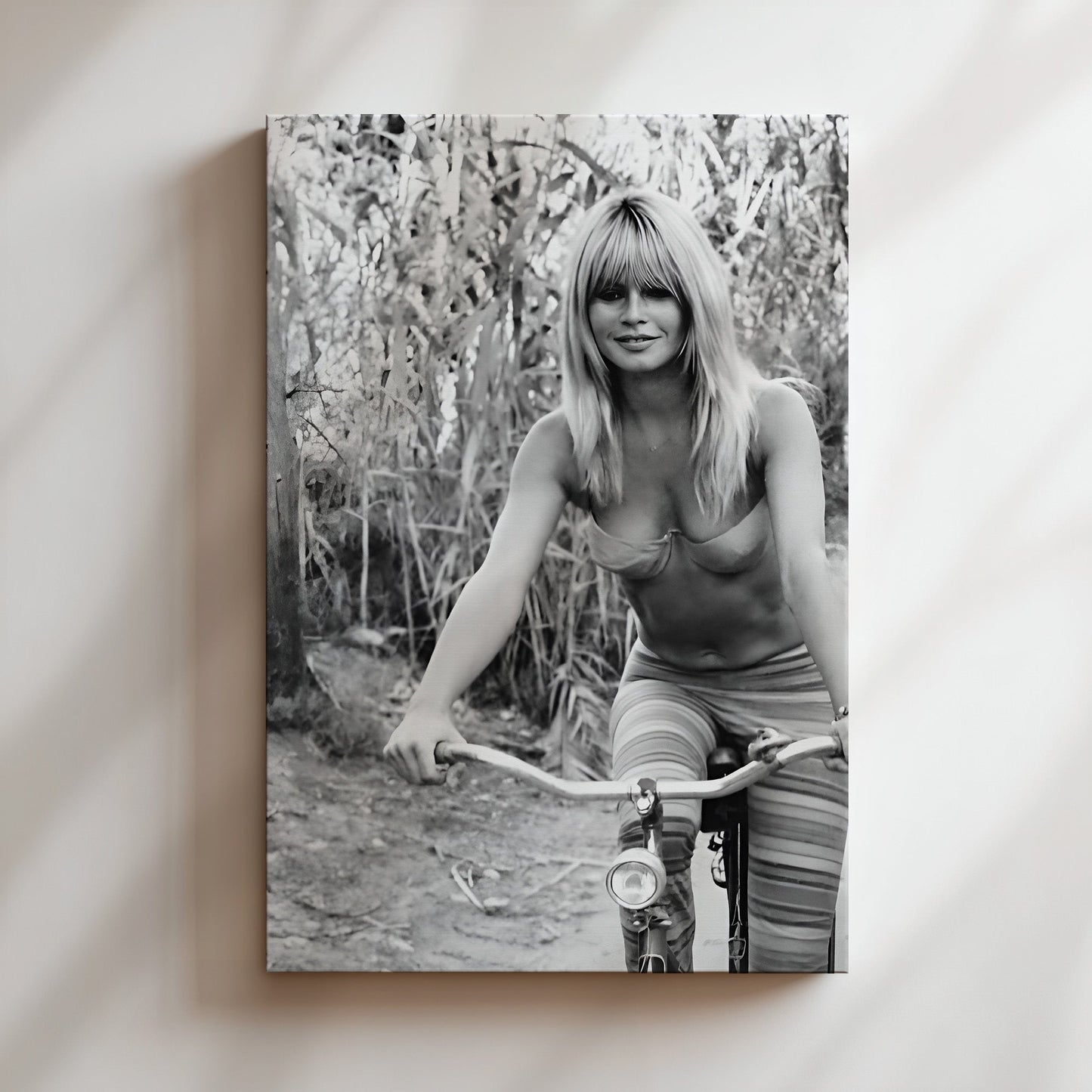 Brigette Bardot Riding Bicycle Wall Art, Vintage French Celebrity Canvas Print, Retro Glam Outdoors Poster for Home or Studio Decor