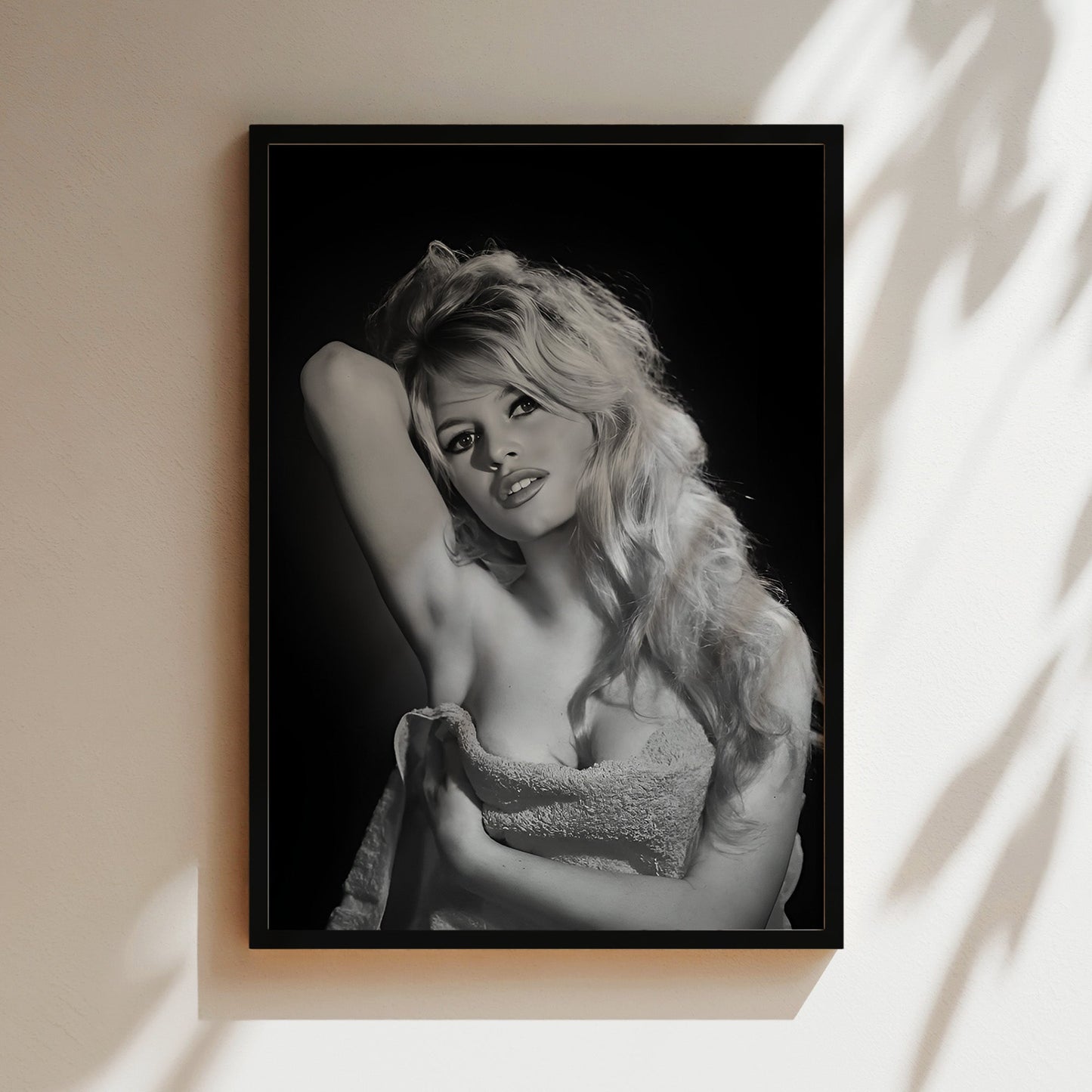 Brigette Bardot in Bath Towel Wall Art, Classic French Icon Canvas Print, Retro Hollywood Glam Poster for Elegant Bathroom or Bedroom Decor