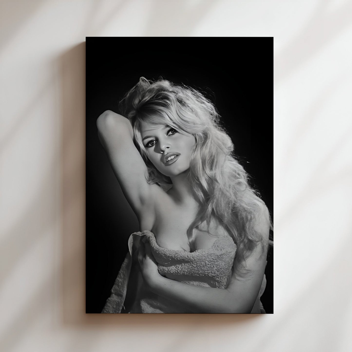 Brigette Bardot in Bath Towel Wall Art, Classic French Icon Canvas Print, Retro Hollywood Glam Poster for Elegant Bathroom or Bedroom Decor