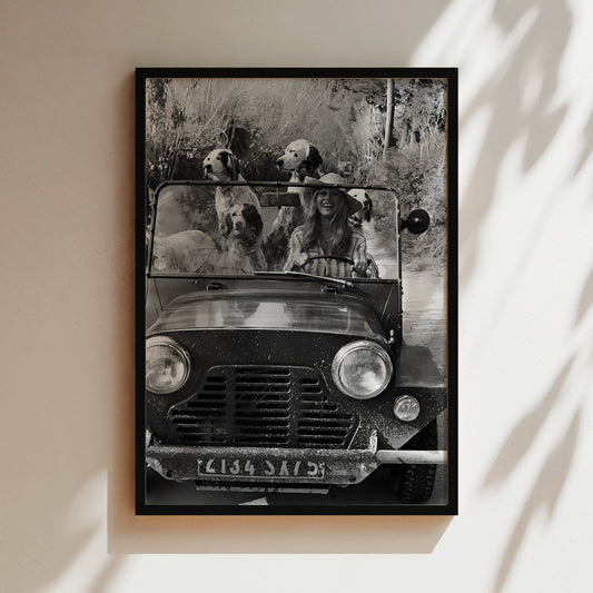 Brigette Bardot in Car with Dogs Canvas Print, Vintage French Icon Wall Art, Retro Celebrity Poster with Dogs for Chic Home or Studio Decor