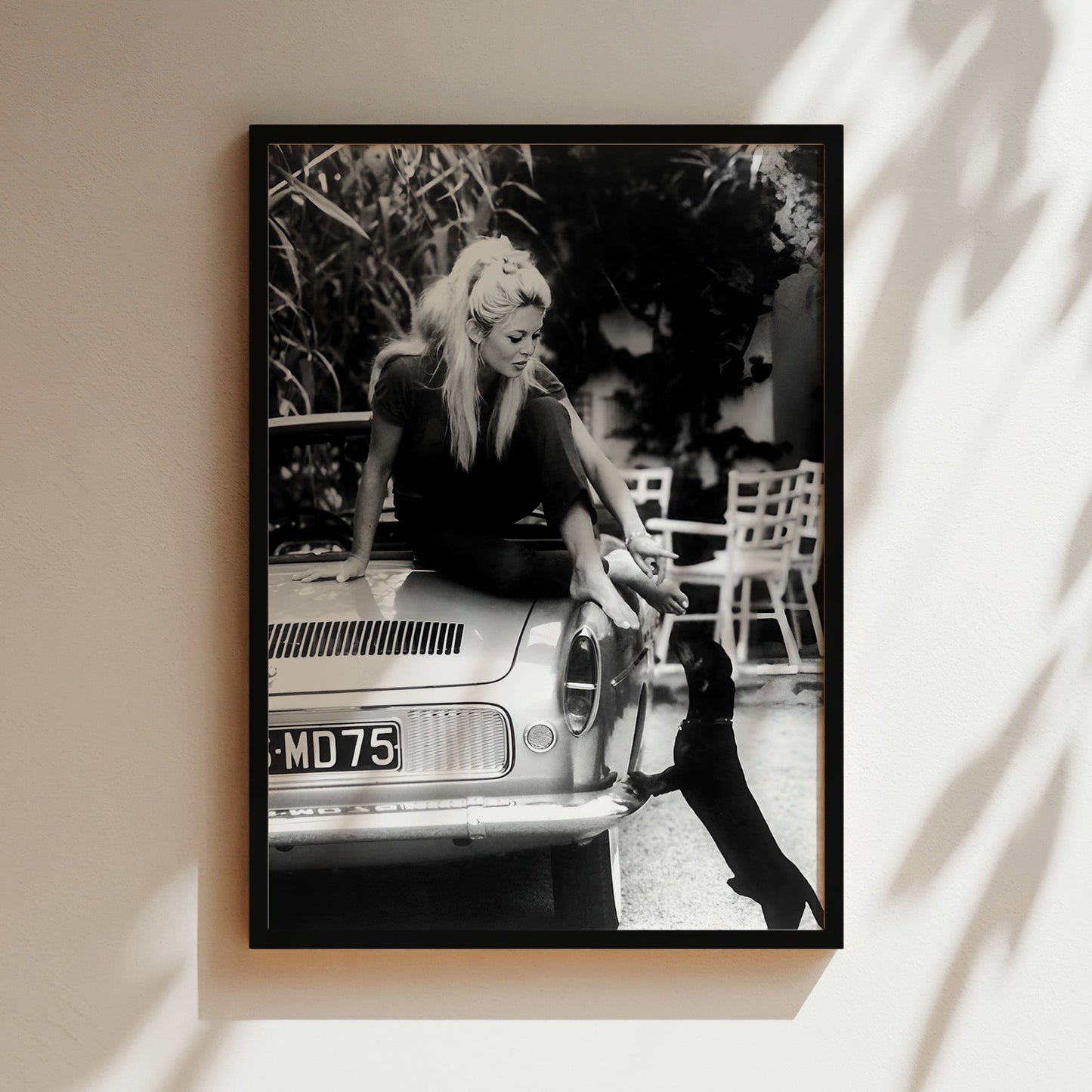 Brigette Bardot on Car with Dog Canvas Print, Vintage French Icon Wall Art, Retro Celebrity Poster for Stylish Animal Lover Decor