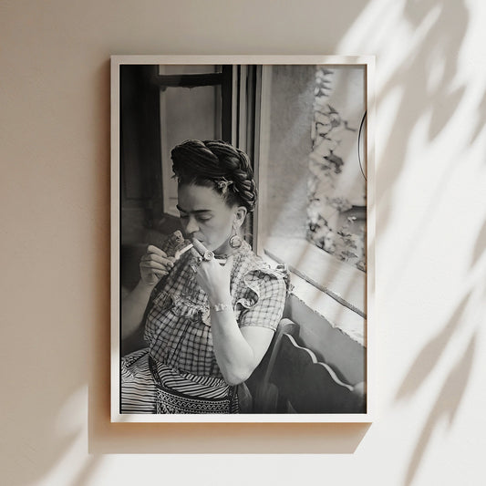 Frida Kahlo Lights a Cigarette Canvas Print, Bold Iconic Artist Wall Art, Vintage Bohemian Poster for Artistic Home or Studio Decor