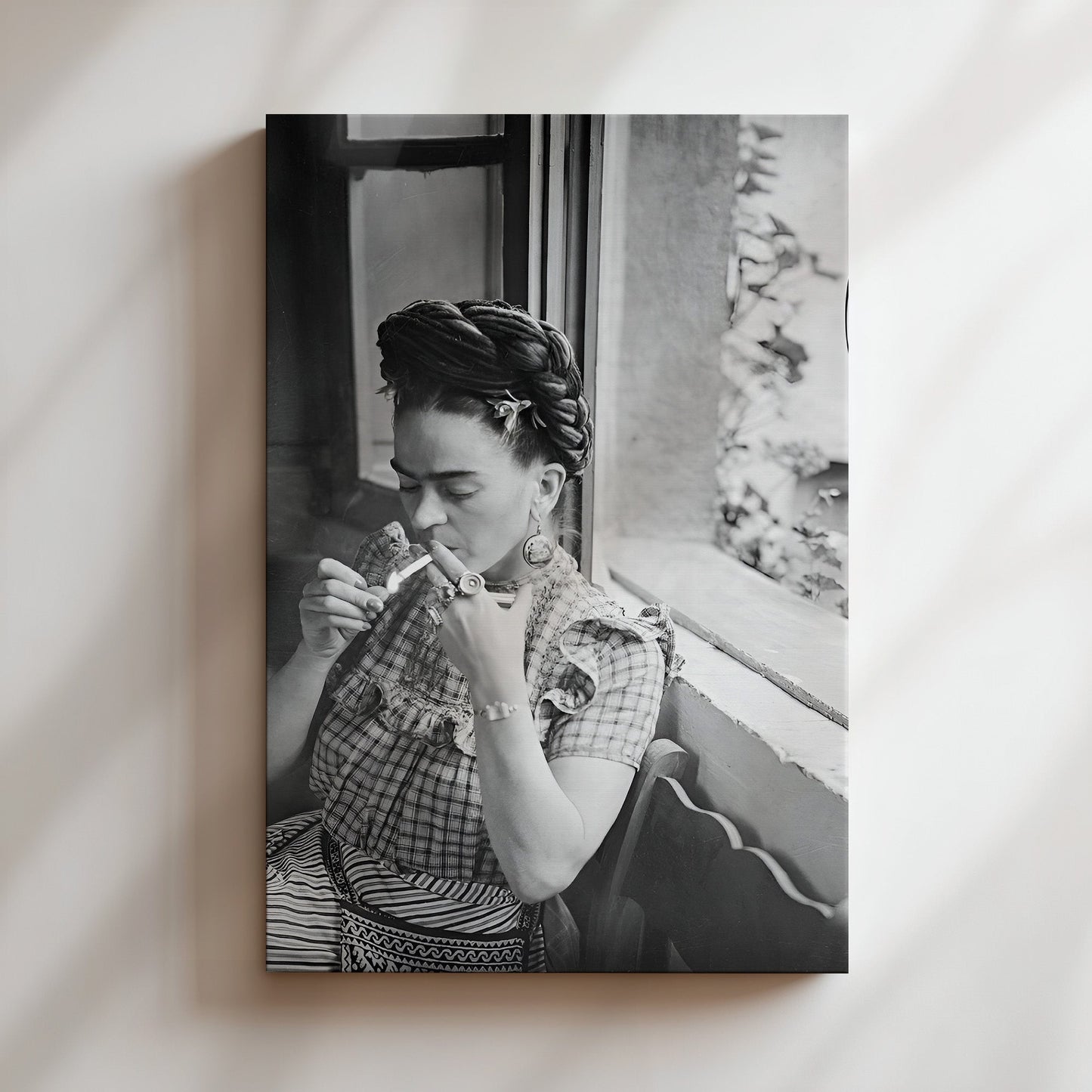 Frida Kahlo Lights a Cigarette Canvas Print, Bold Iconic Artist Wall Art, Vintage Bohemian Poster for Artistic Home or Studio Decor