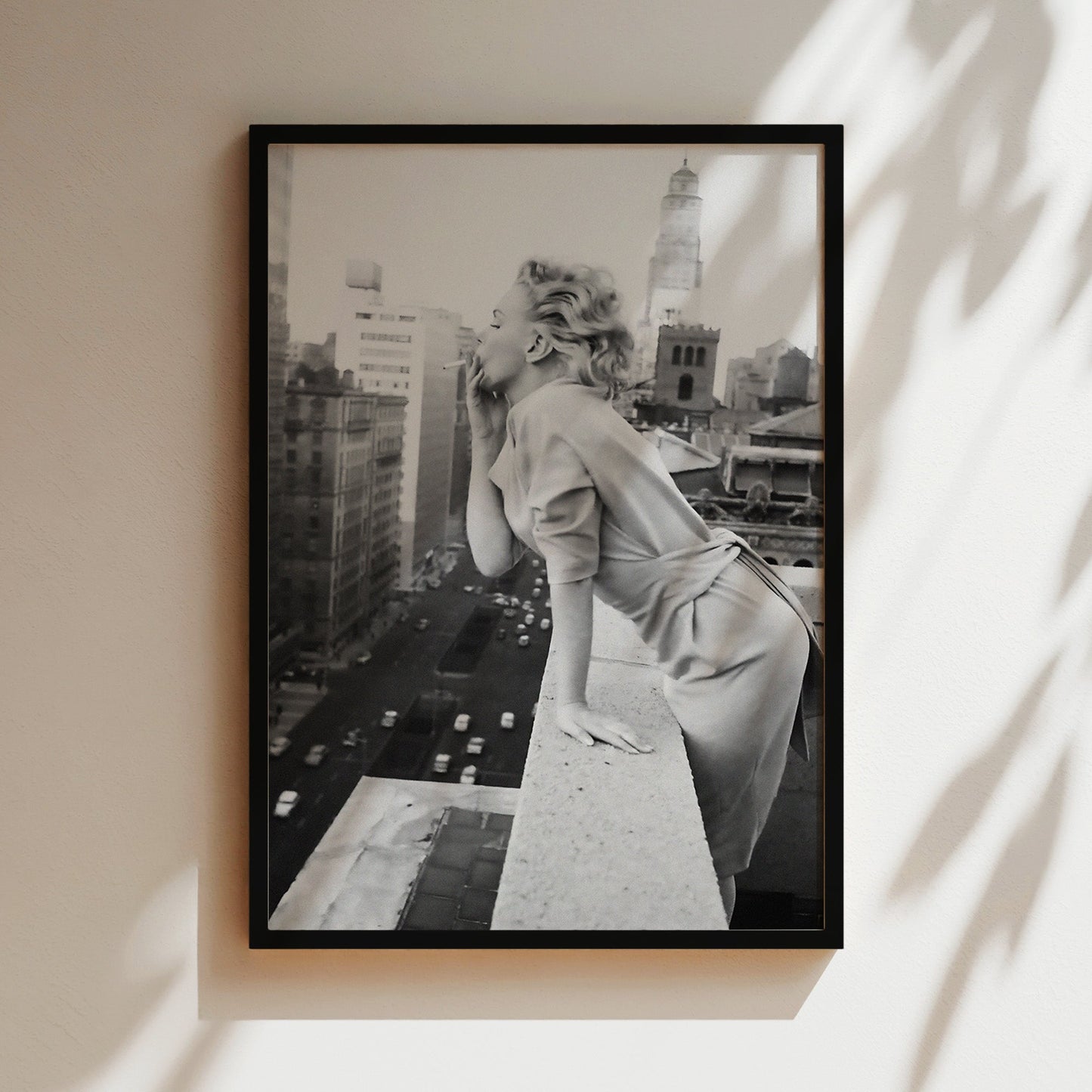 Marilyn Monroe Smoking on New York Rooftop Canvas Print, Vintage Hollywood Icon Wall Art Poster, Classic Starlet Glam for Urban Decor