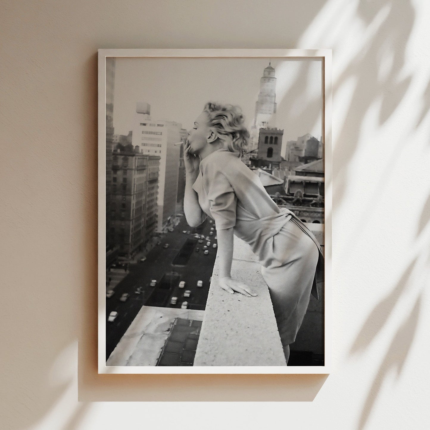 Marilyn Monroe Smoking on New York Rooftop Canvas Print, Vintage Hollywood Icon Wall Art Poster, Classic Starlet Glam for Urban Decor