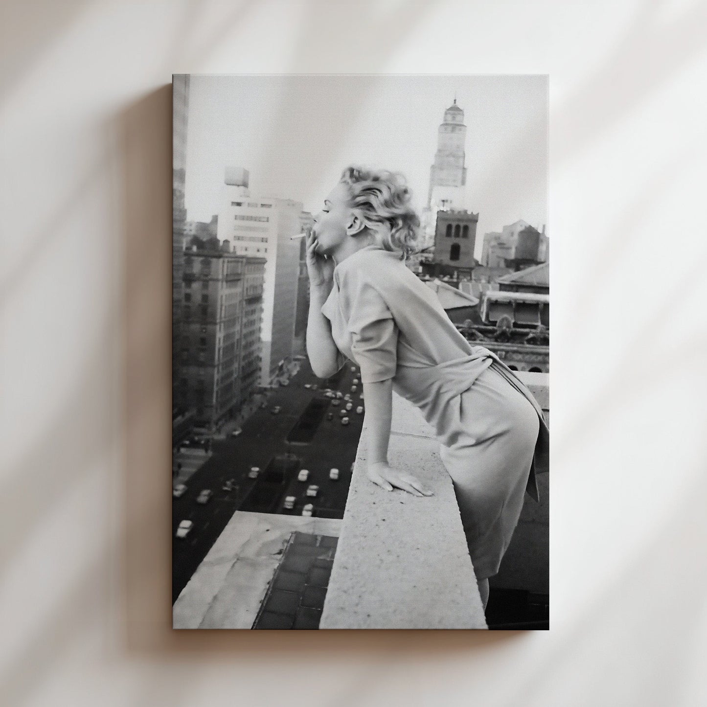 Marilyn Monroe Smoking on New York Rooftop Canvas Print, Vintage Hollywood Icon Wall Art Poster, Classic Starlet Glam for Urban Decor