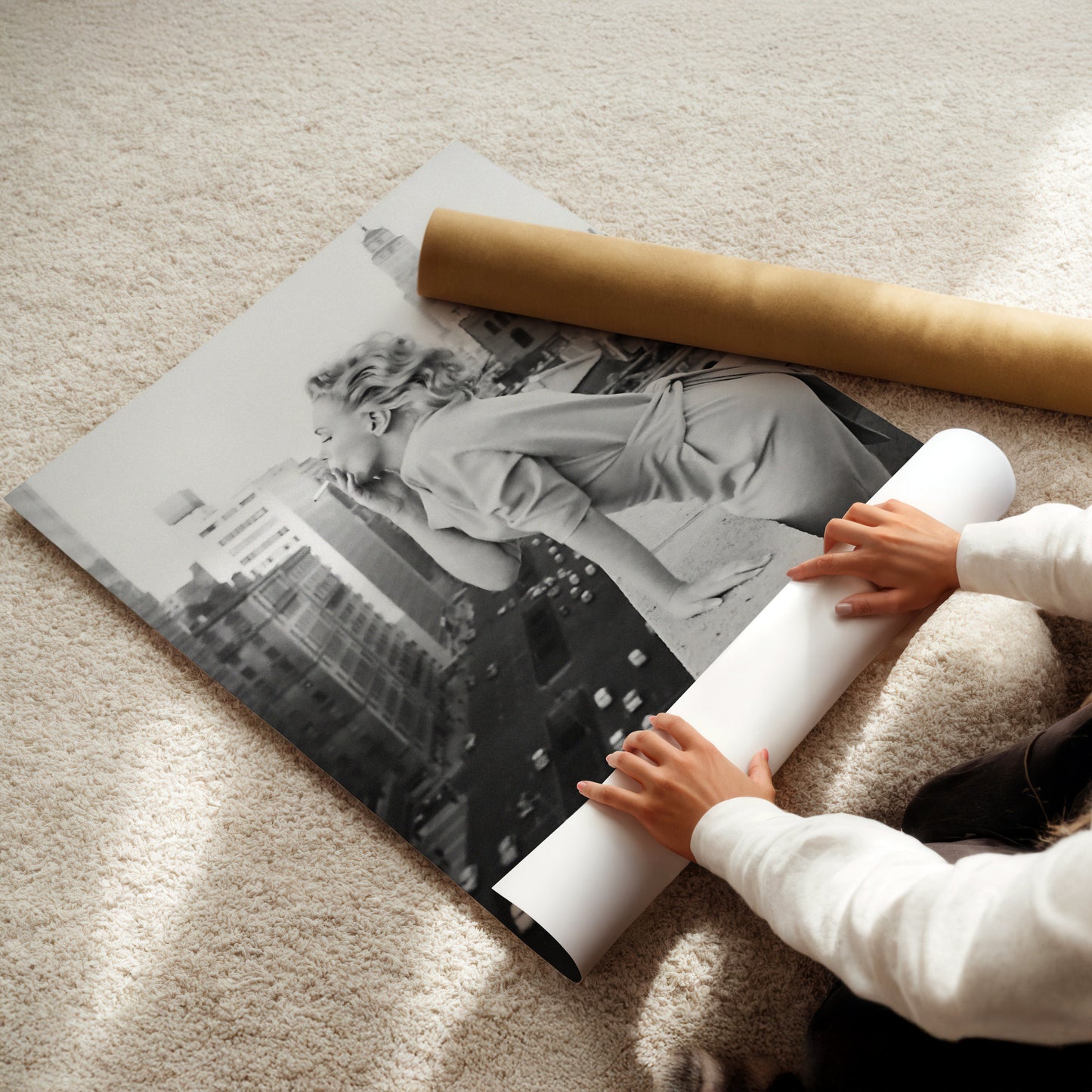 Marilyn Monroe Smoking on New York Rooftop Canvas Print, Vintage Hollywood Icon Wall Art Poster, Classic Starlet Glam for Urban Decor